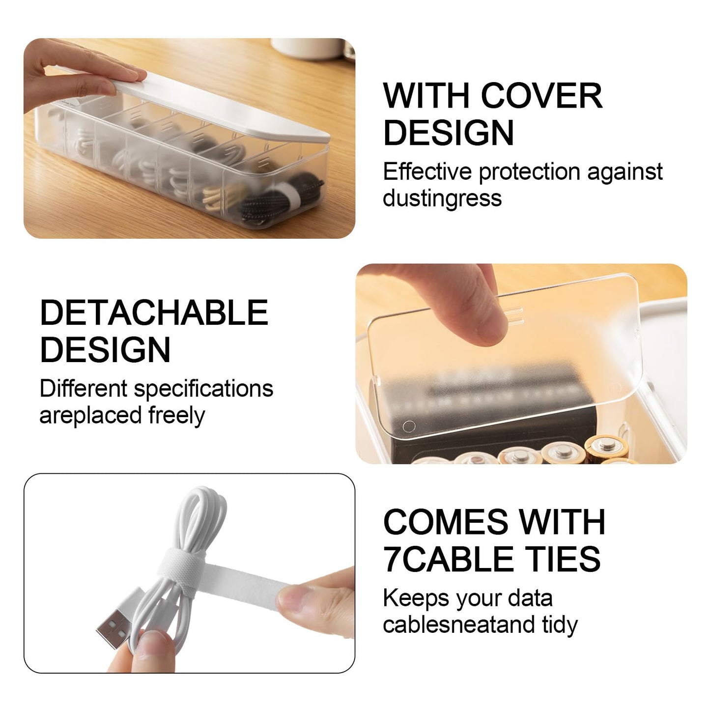 Asonen Cable Organizer Box with 14 Wire Ties and 6 Magnetic Cable Clips, Desktop Cord Management Box with Dividers and Lid for Home Office Storage – White