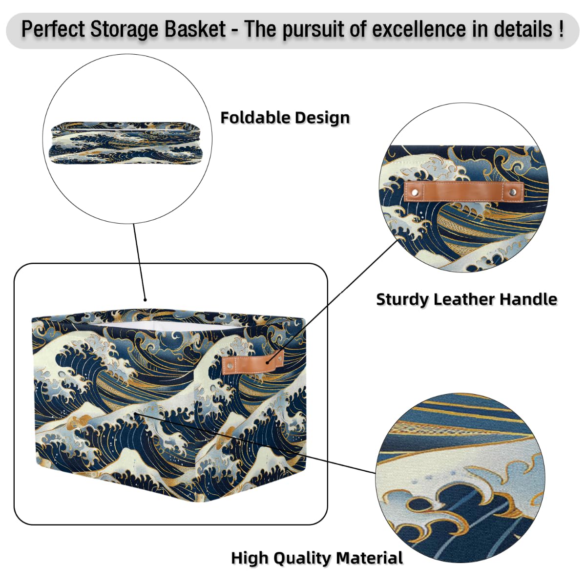 HSYOYO Ocean Waves Japanese Storage Basket with Handles Collapsible Storage Bins Rectangular Toy Storage Organizer Box Fabric Shelf Baskets for Nursery Bedroom Bathroom 1PC