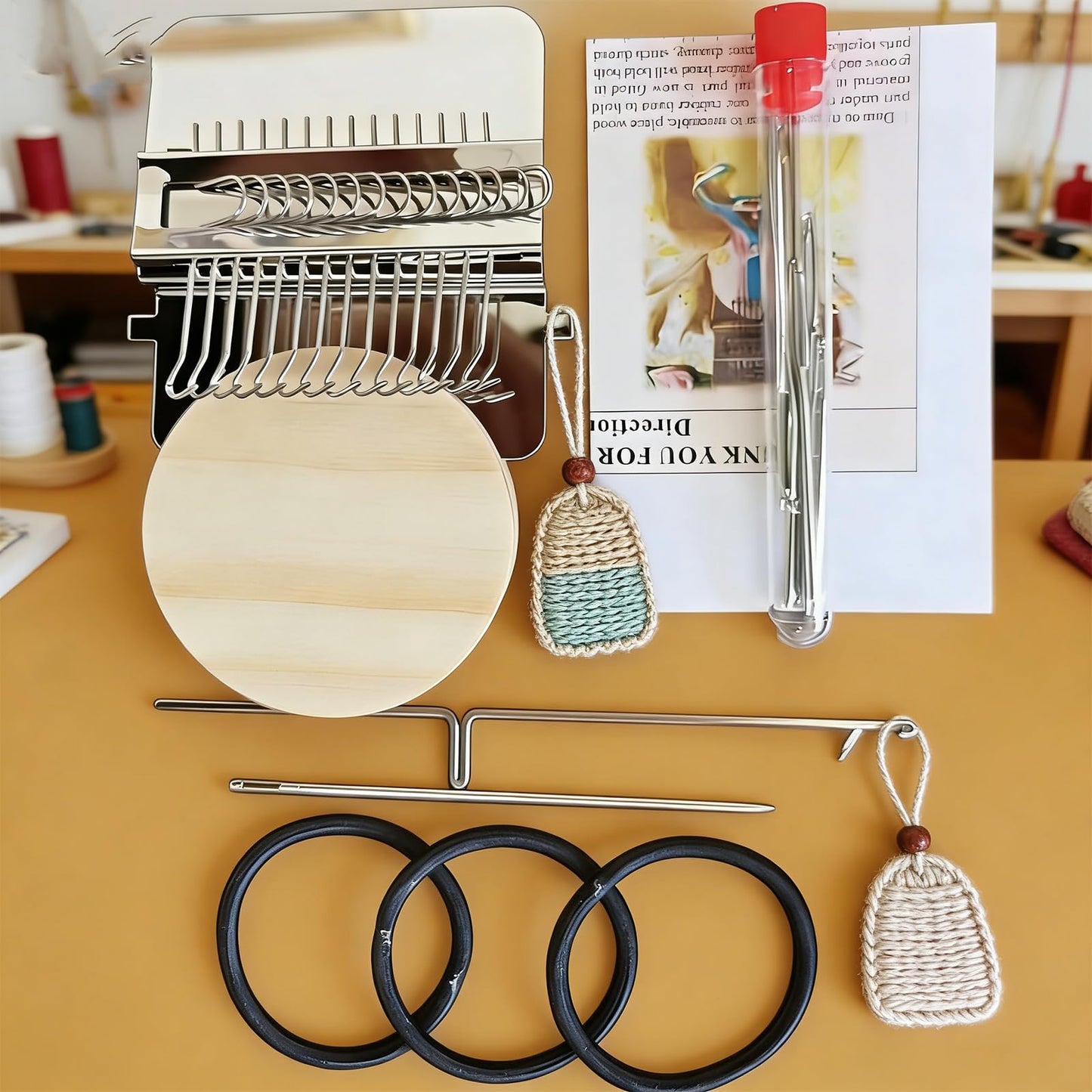 Complete Darning Loom Kit for Clothes Repair & Mini Weaving | Includes Wooden Loom, 14 Needles, Elastic Bands, Stitch Markers | Portable Sewing/Mending Tool for Socks, Sweaters