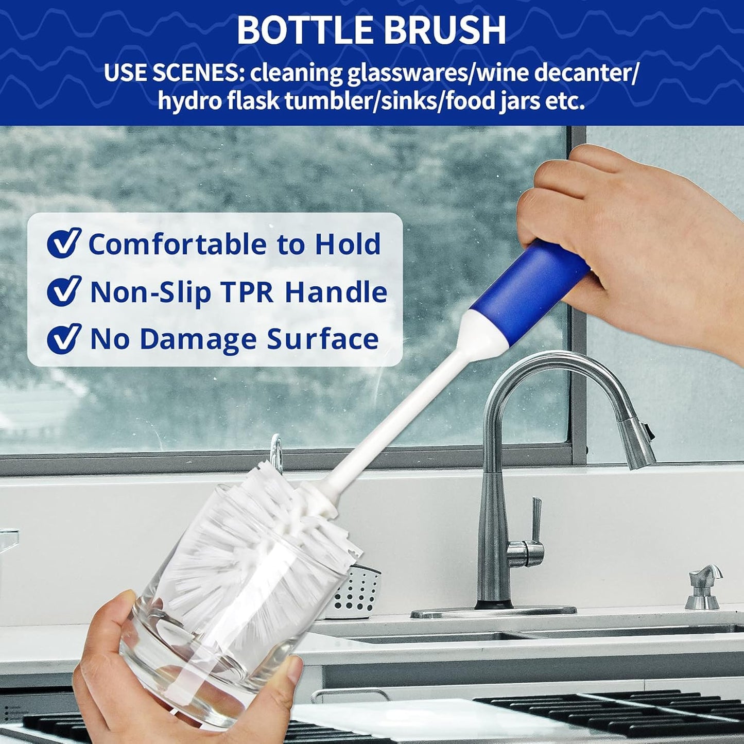 CELOX Kitchen Scrub Brush Set with Ergonomic Handle, Deep Cleaning Brushes, Include Dish Brush (Blue White)