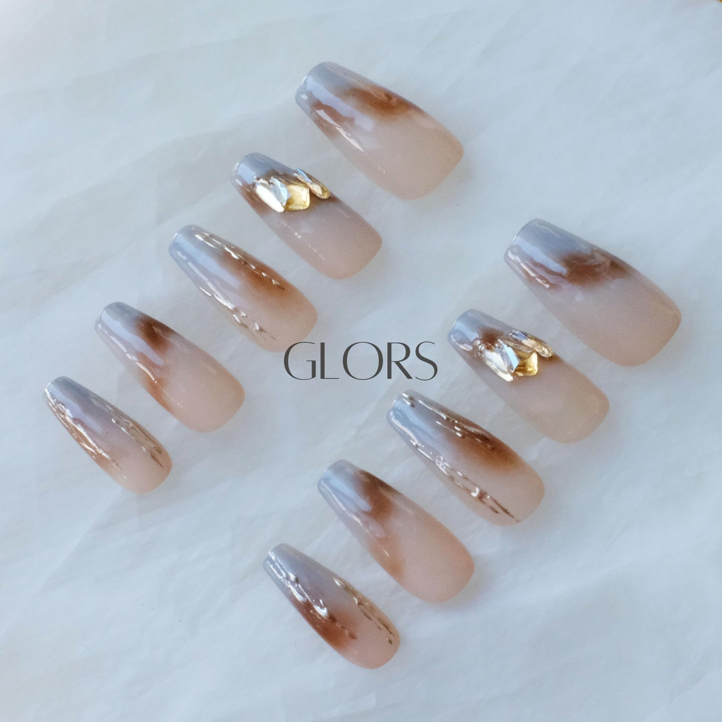 GLORS Ombre Press On Nails, Long Ballerina Style, Nude to Gray with Gold Accent, Handmade False Nail 10 Pieces (Small,LB)