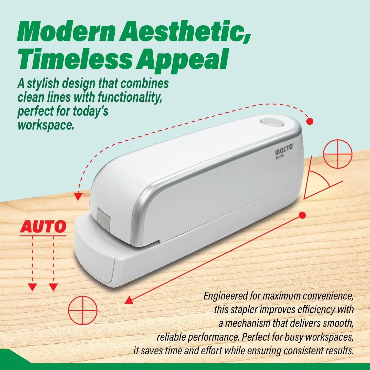 INOZTO Electric Stapler, Automatic, Portable, 210 Staples Capacity, 25 Sheet (26/6 Staple) Capability, Dual Power Mode, Quiet Under 80dB, Flat Clinch Design for Office, Home, and Crafts