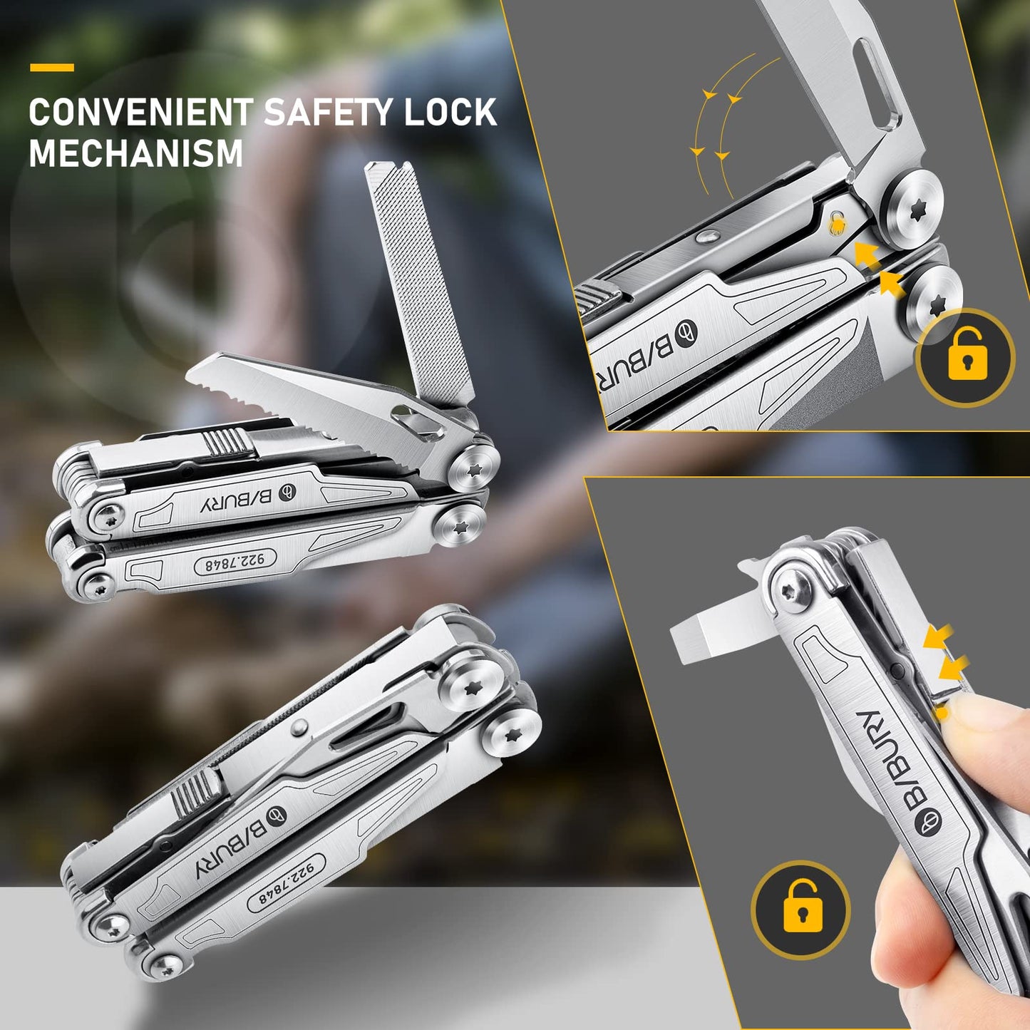 BIBURY Multitool with Pocket Knife, 19-in-1 Stainless Steel Pliers with Scissors, Self-locking Multi tools with EDC Sheath for Home, Camping, Hiking, Survival, Gifts for Men, BI2038A