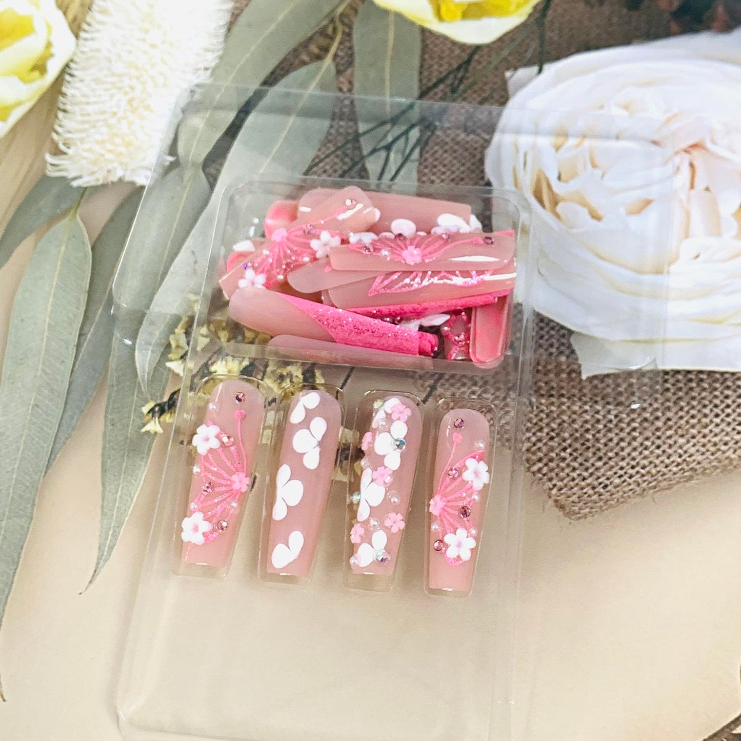 FIEONCIY Press on Nails Coffin Long Length Acrylic Glossy Full Cover Square Shaped French False Nails with Designs Artificial Extra Long Fake Nails with Charms Glue ons Fingernails for Women(CC31)