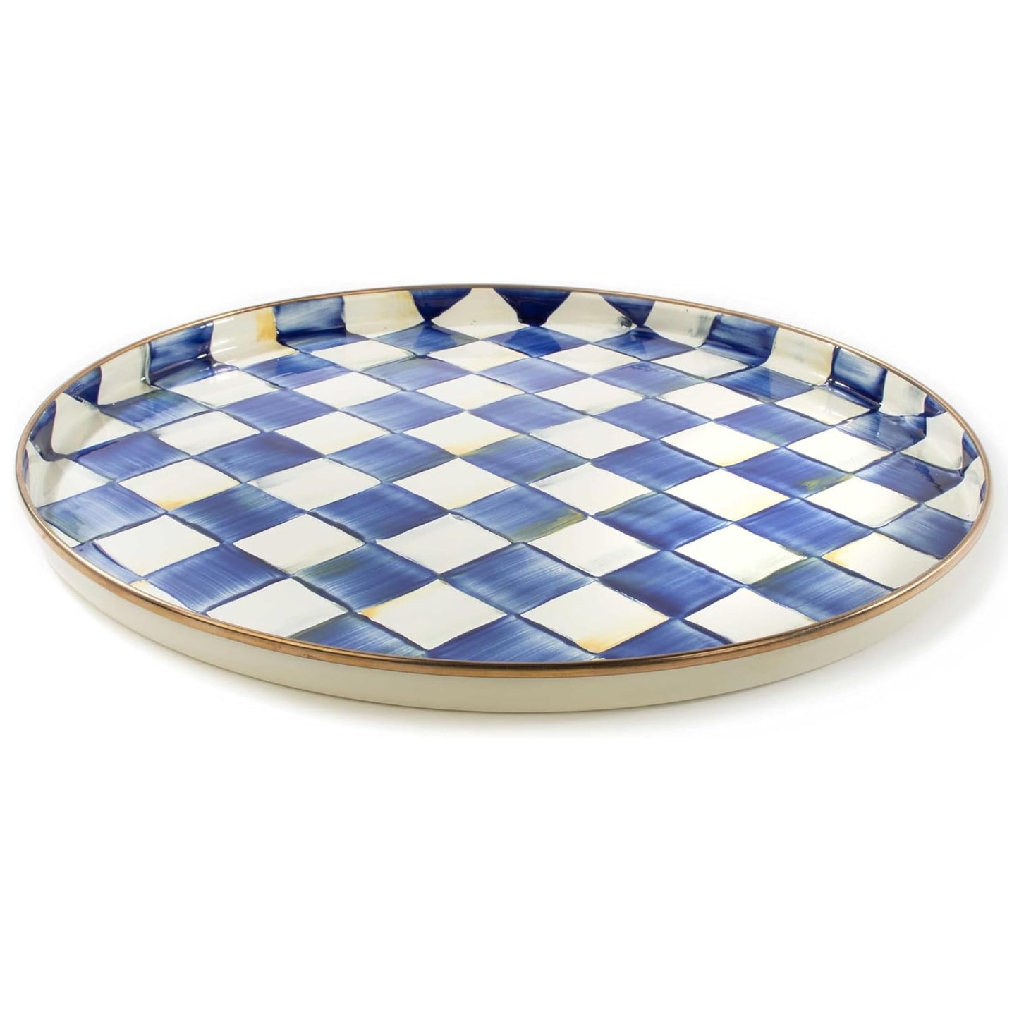 MACKENZIE-CHILDS Enamel Round Tray, Unique Serving Platter for Food and Drinks, Blue-and-White Royal Check