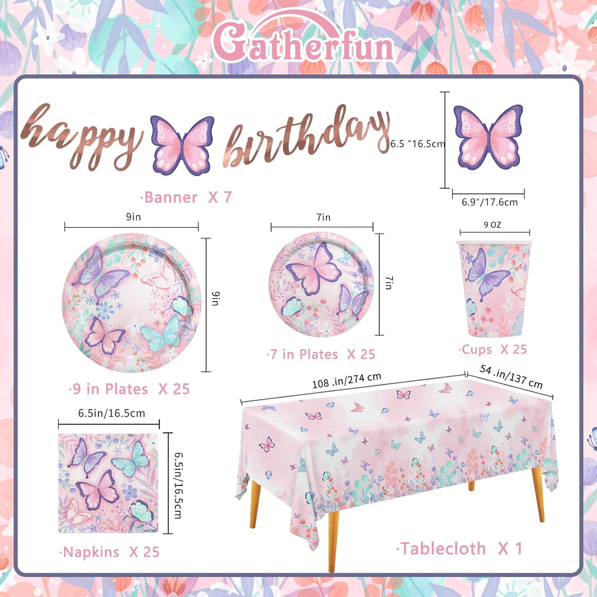 Butterfly Birthday Party Supplies Disposable Paper Plates Napkins Cups Tablecloth and Banner for Butterfly Girl Party Birthday Decorations, Serve 25