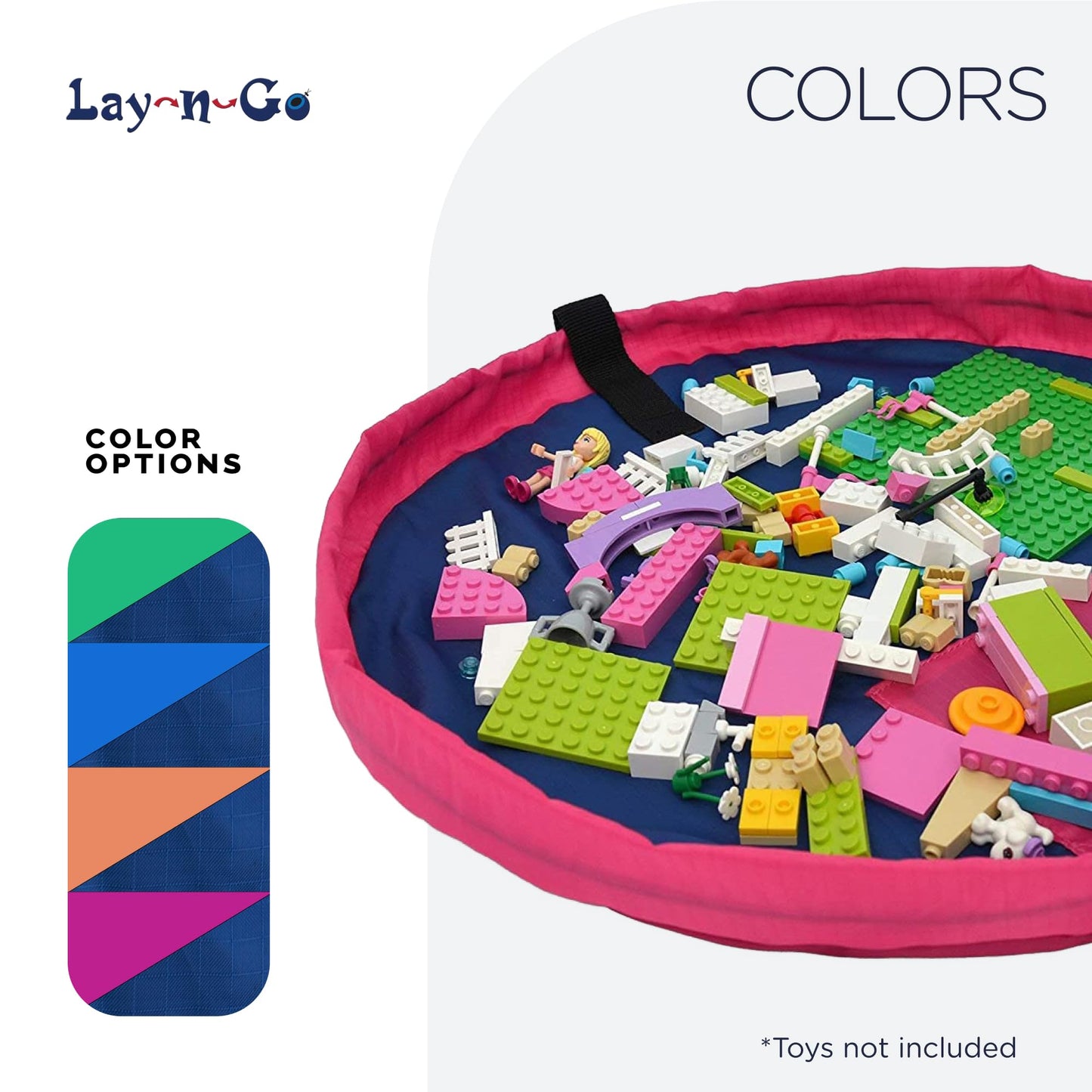 Lay-n-Go Layflat Portable Drawstring Cinch Storage Toy & Mini Figures Organizer & Play Mat, Mesh Pockets, Home & Travel, Kids & Toddlers Playdates, 2 Straps for Backpack, Durable, Machine Washable
