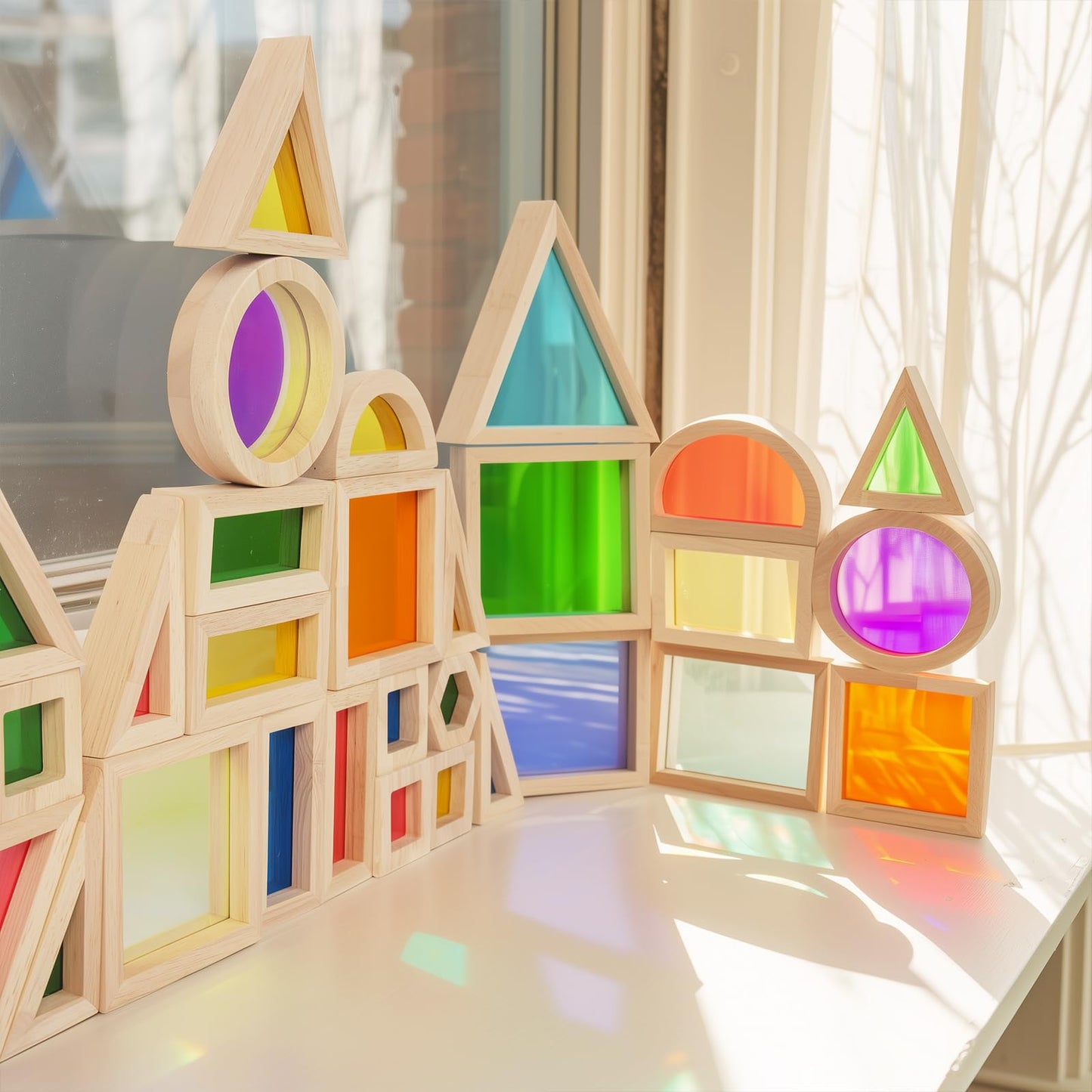 WOODENFUN Wood Building Blocks Set for Kids, 32 Pcs Rainbow Stacker Stacking Game Construction Toys Set Preschool Colorful Learning Educational Toys, Geometry Wooden Blocks for Boys Girls