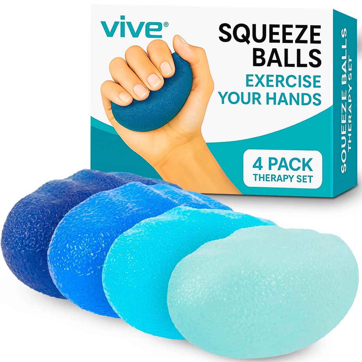 Vive Squeeze Balls for Hand Therapy Set (4 Pack) - Grip Strengthener Occupational Exercise Equipment for Arthitis, Parkinsons, Stroke, Carpal Tunnel Recovery - Stress Relief Massage Putty Finger Toy