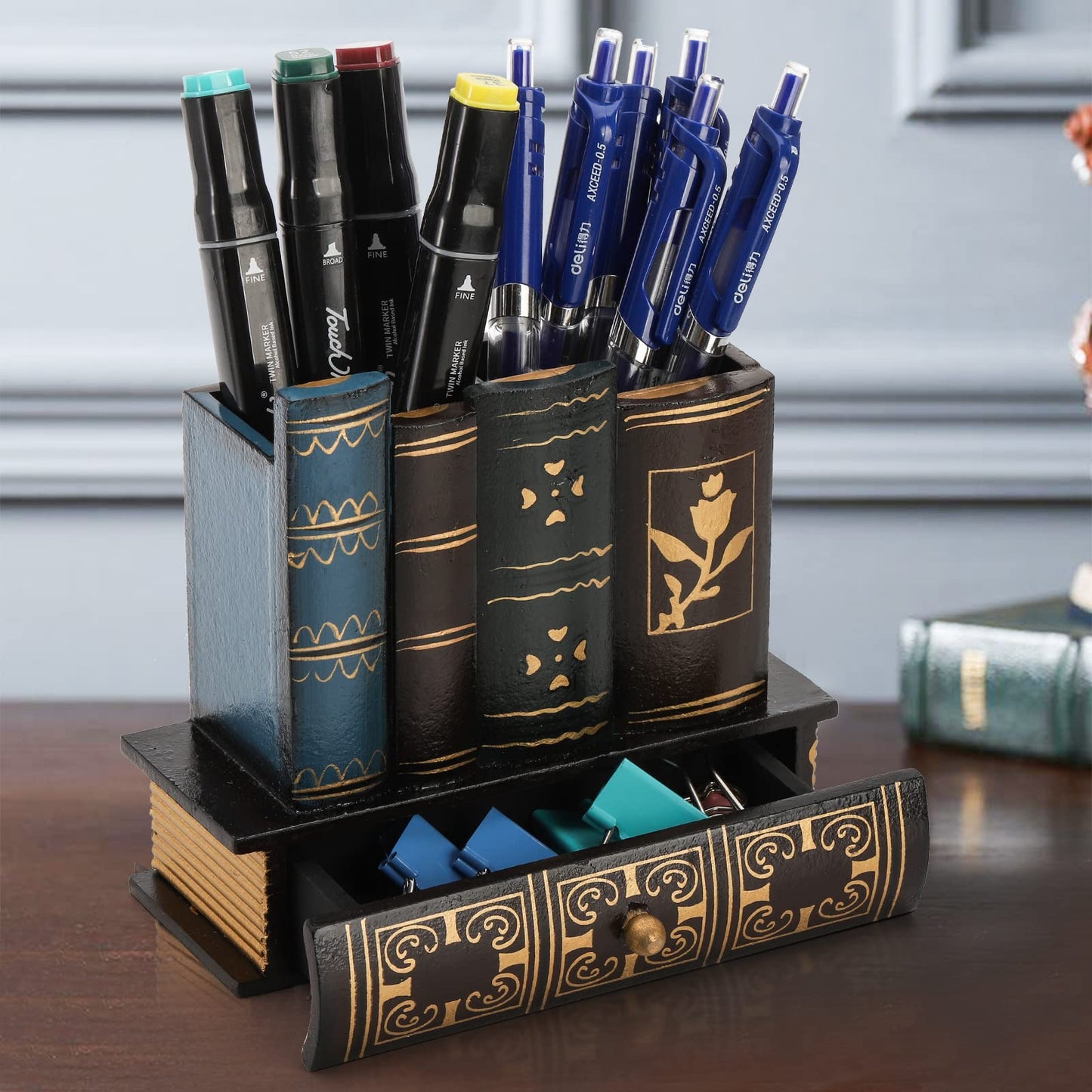 Tosnail Decorative Pen Holder with Storage Drawer, Wooden Pencil Holder Organizer, Antique Library Books Design Pen Cup Caddy, Desk Organizer for Office Supplies, Countertop, Desk, Table Accessory
