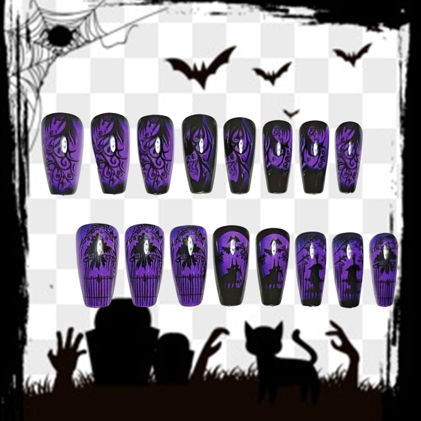 Purple Halloween Press on Nails Medium Ballet Shaped Bat False Nails Full Cover Artificial Acrylic Fingernails Jungle Castle Design Halloween Nail Glossy Festivla Glue on Nails for Women Supplies