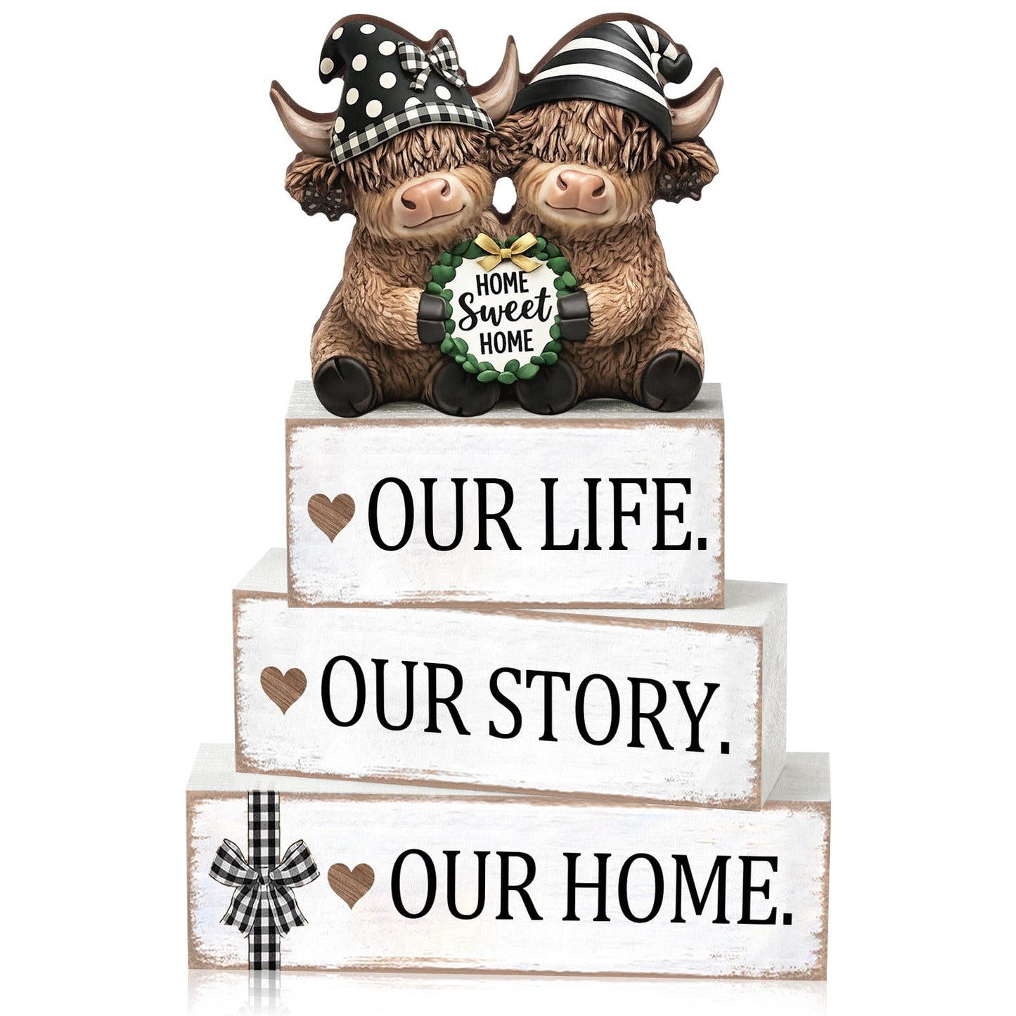 Yousoontic 4 Pcs Rustic Wooden Highland Cow Figurines Set, Farmhouse Table Decor Home Sweet Home Stackable Centerpiece for Entryway Tiered Tray Shelf Living Room Office Decor, Housewarming Gift
