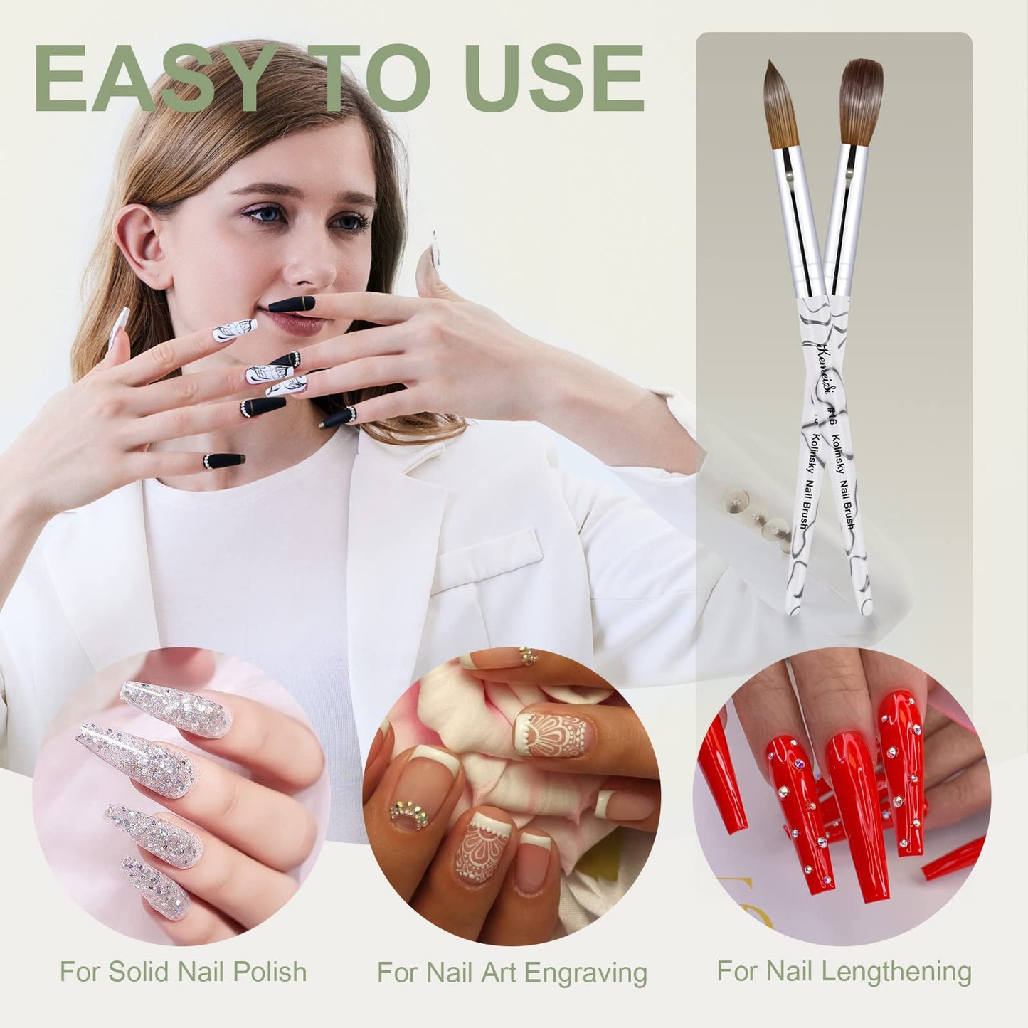 Acrylic Nail Brush Size 16,KEMEISI 100% Pure Kolinsky Nail Art Brushes Sturdy Marble Handle Oval Shaped Acrylic Powder Nail Design Tools for Professional Manicure DIY Home Salon (White)