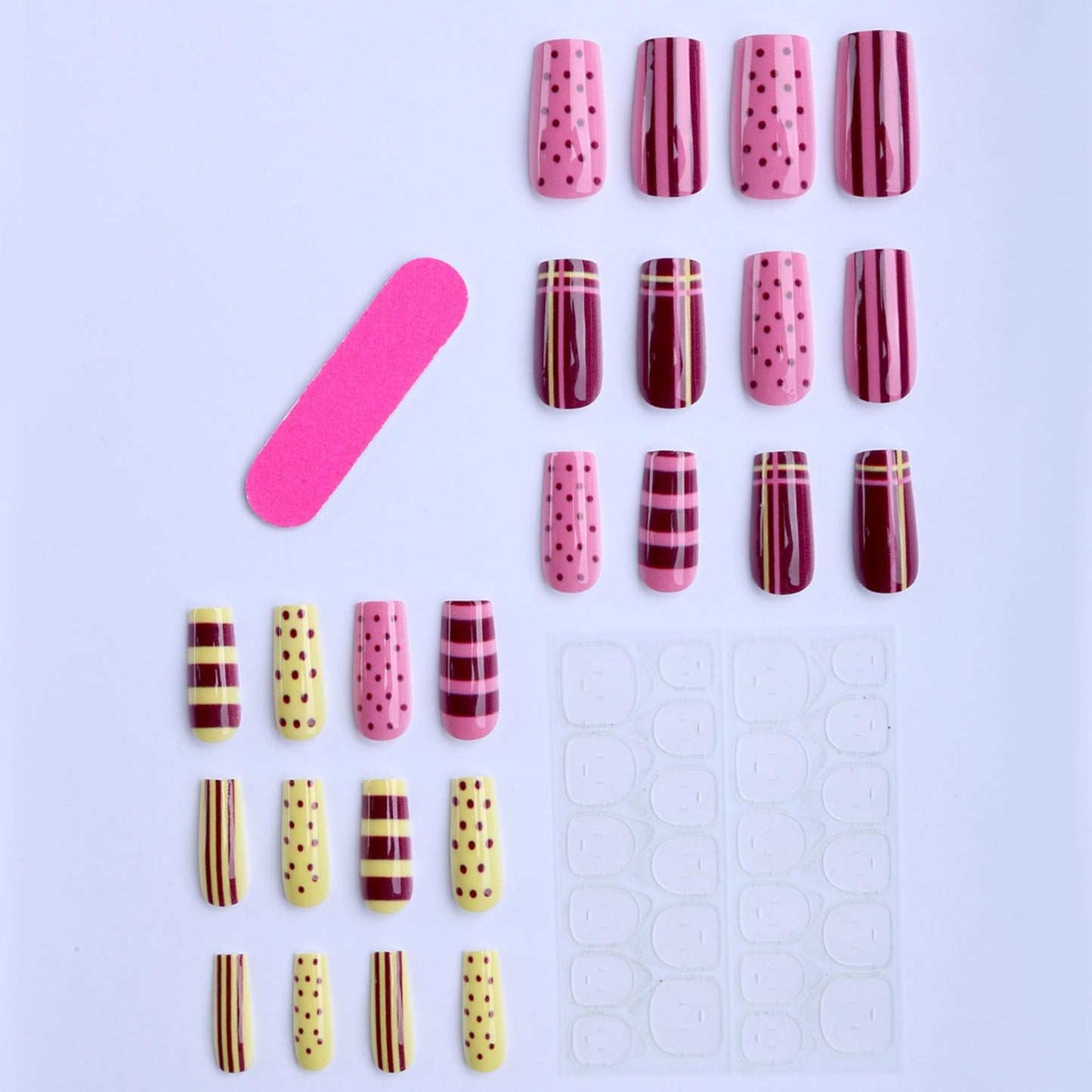Long Press on Nails Square Fake Nails Pink Acrylic Nail Press Ons Seeneey Striped Design Brown Stick on Nail for Women 24pcs