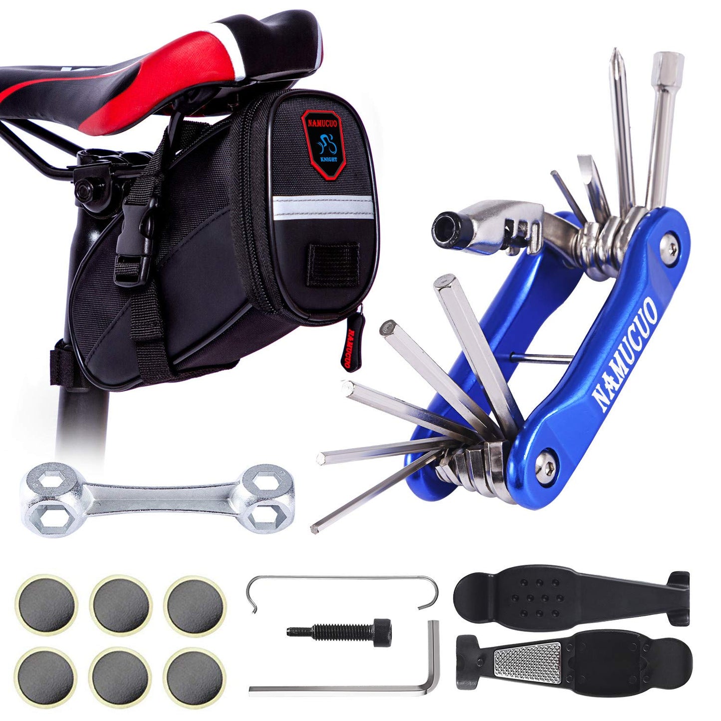 YBEKI 10-in-1 Bike Repair Kit with, 3-in-1 Tire Levers, Glueless Patches, Multifunctional Bone Wrench & Waterproof Saddle Bag | Compact Bicycle Multi-Tool Kit for Emergency Roadside Repairs