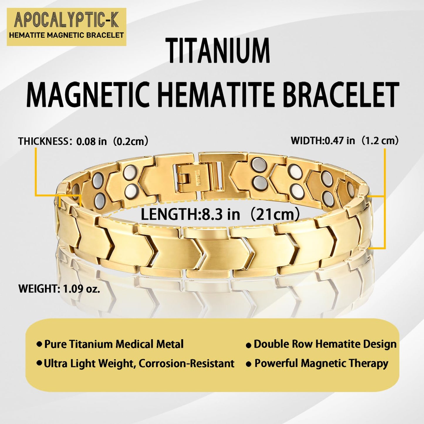 Apocalyptic-K Men's Titanium Magnetic Bracelets，Ultra Strength Magnetic Bracelets，Pure Titanium (Lightness),Gold,Eliminate Static Electricity (Gold)