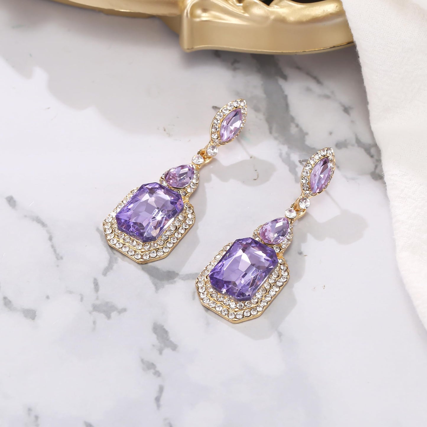 BriLove Wedding Bridal Dangle Jewelrys for Women Emerald Cut Crystal Infinity Figure 8 Chandelier Earring Light Purple Gold-Tone