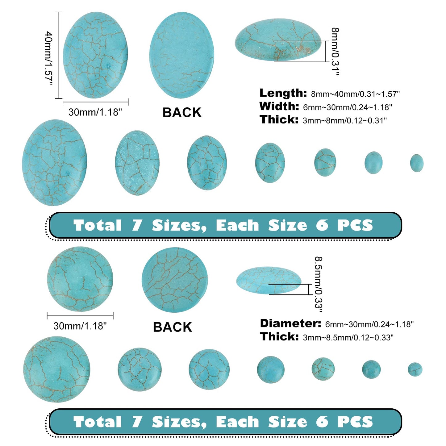PH PandaHall 84pcs Synthetic Turquoise Stone Cabochons, 7 Sizes Blue Texture Gemstone Tiles Oval Flat Round Dome Bead Stone Cabochon Tile for Bracelet Necklace Earrings Cameo Jewelry Making, 6~40mm