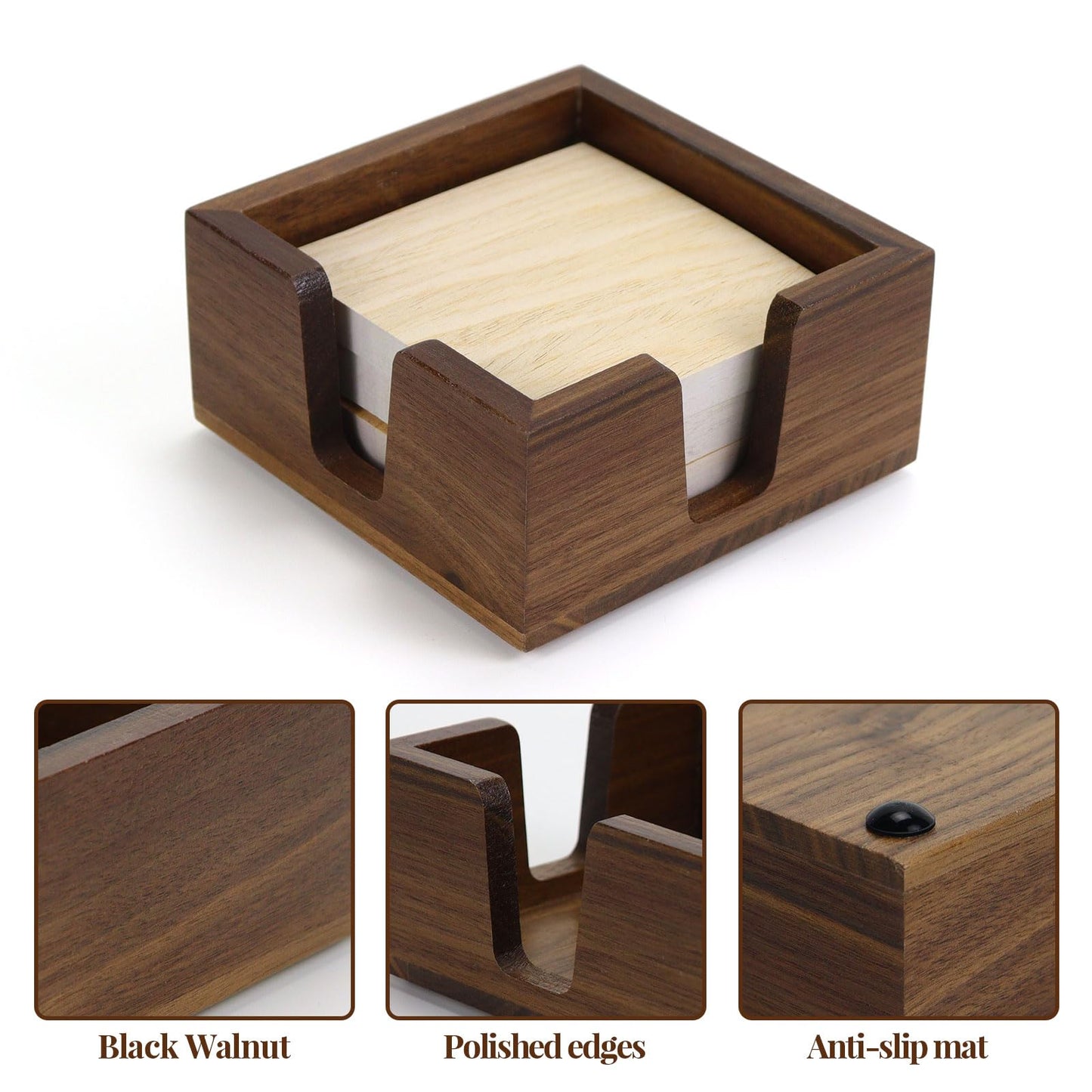 Buqoo Walnut Wood Sticky Note Holder and Tape Dispenser, Rhombic Pen Holder Desk Accessories for School N Home Office