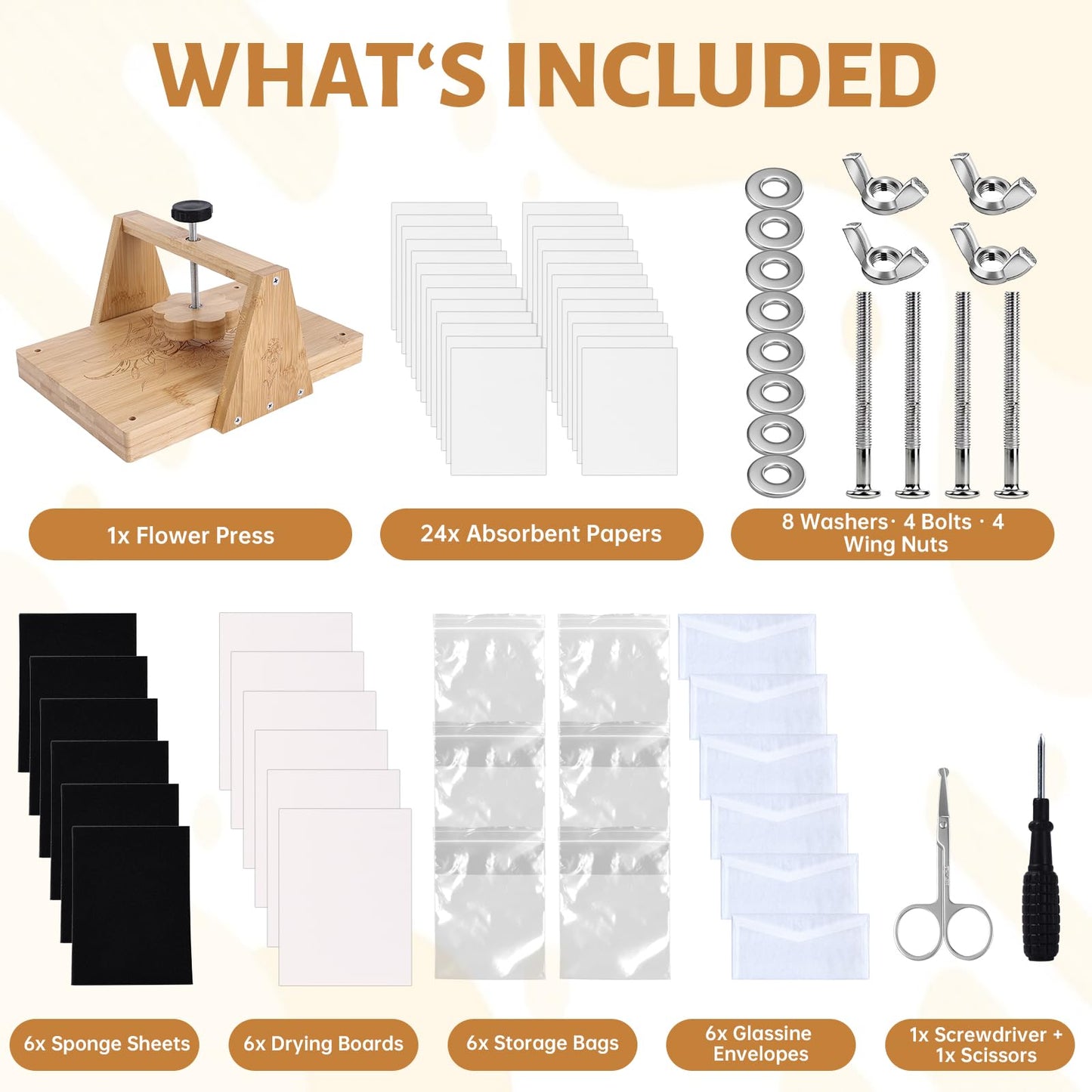 HomdMarket Spring Flower Press Kit - 12"x8" Wooden Press with 6 Layers & Even Pressure, Includes Tools & Archival Envelopes for Dried Flowers, Wedding, Resin Art