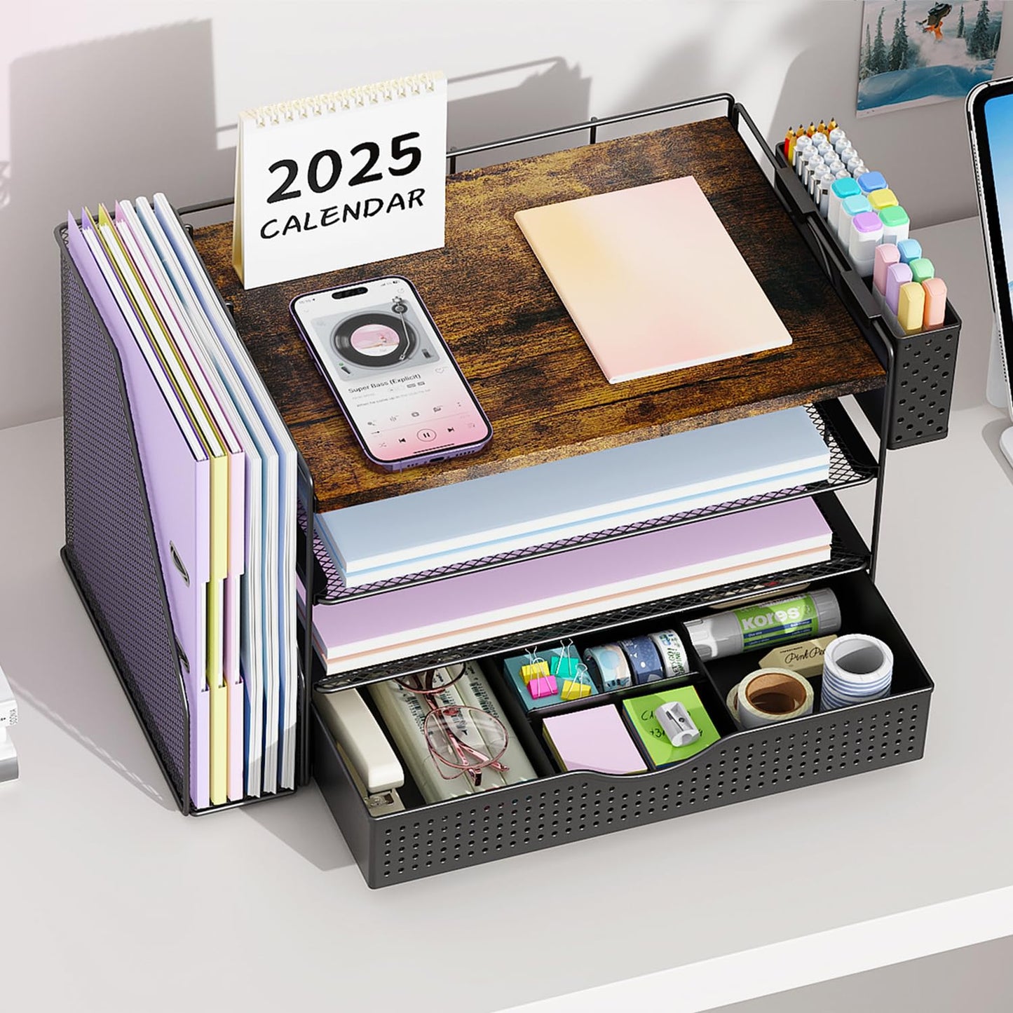 gianotter Wood Desk Organizers and Accessories with File Holder, 4-Tier Desk Accessories & Workspace Organizers with Drawer and Pen Holder, Desk Reference Organizer (Wood)