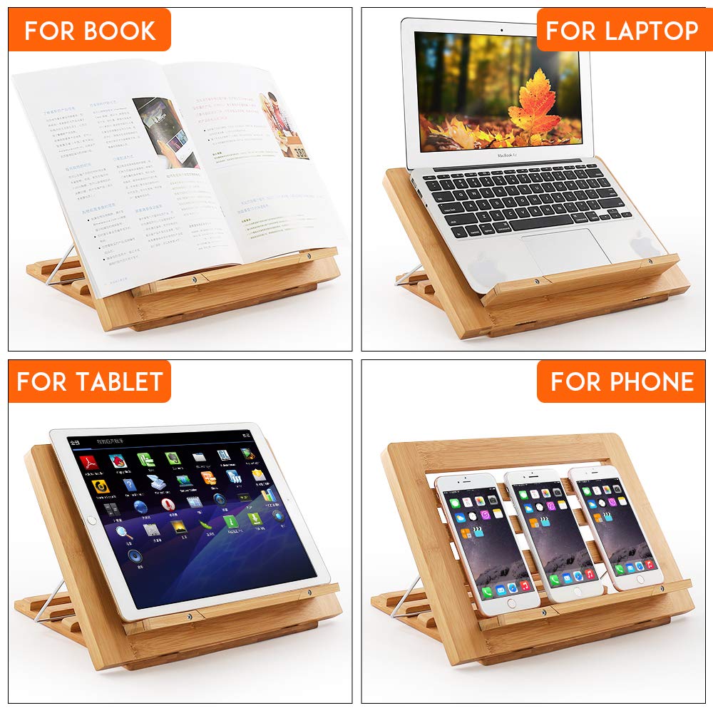 Wooden Desktop Book Stands, Adjustable Book Stand for Reading, Pezin & Hulin Cook Book Holder Seat, Bamboo Foldable Riser for Tablet, Recipe, Laptop with Page Clips