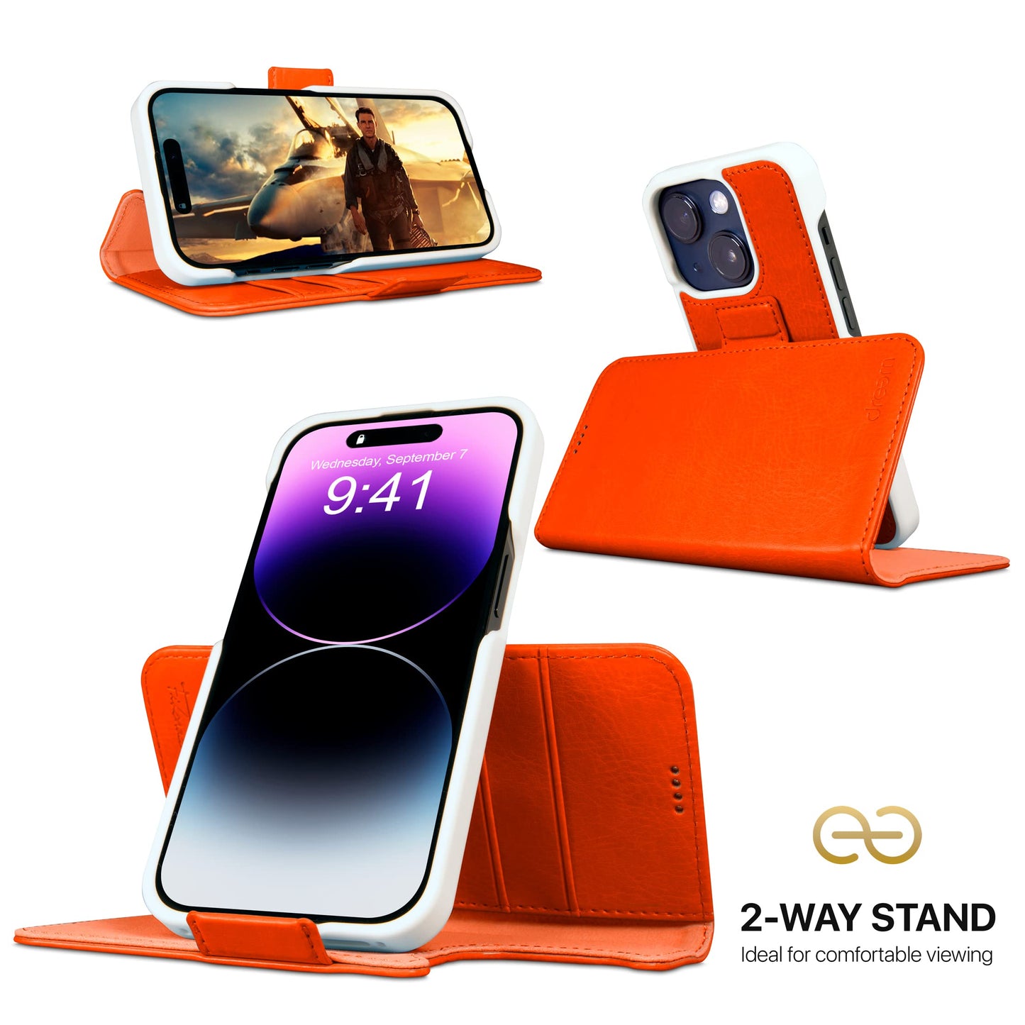 Dreem Wallet Case for iPhone 14 Plus, 2 Way Phone Stand, Magnetic Detachable Vegan Leather Flip Cover RFID Blocking Card Holder, MagSafe-Fit, Gift Box [Fibonacci: Orange]