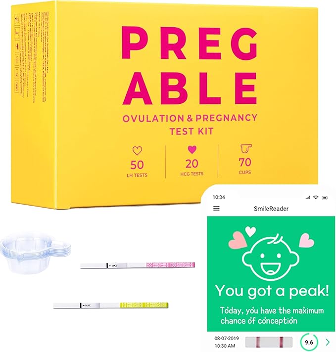 Combo Kit: 50 Ovulation Tests, 20 Pregnancy Tests & 70 Cups, Free Tracker app, SmileReader, OPKs, HPTs (140)