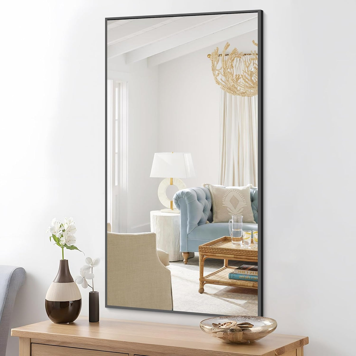 48x24In Black Bathroom Mirror for Wall, Rectangle Mirrors with Metal Frame, Bathroom Rectangular Mirror Modern Wall Mirror for Bedroom Living Room, Entryway Hangs Horizontal or Vertical