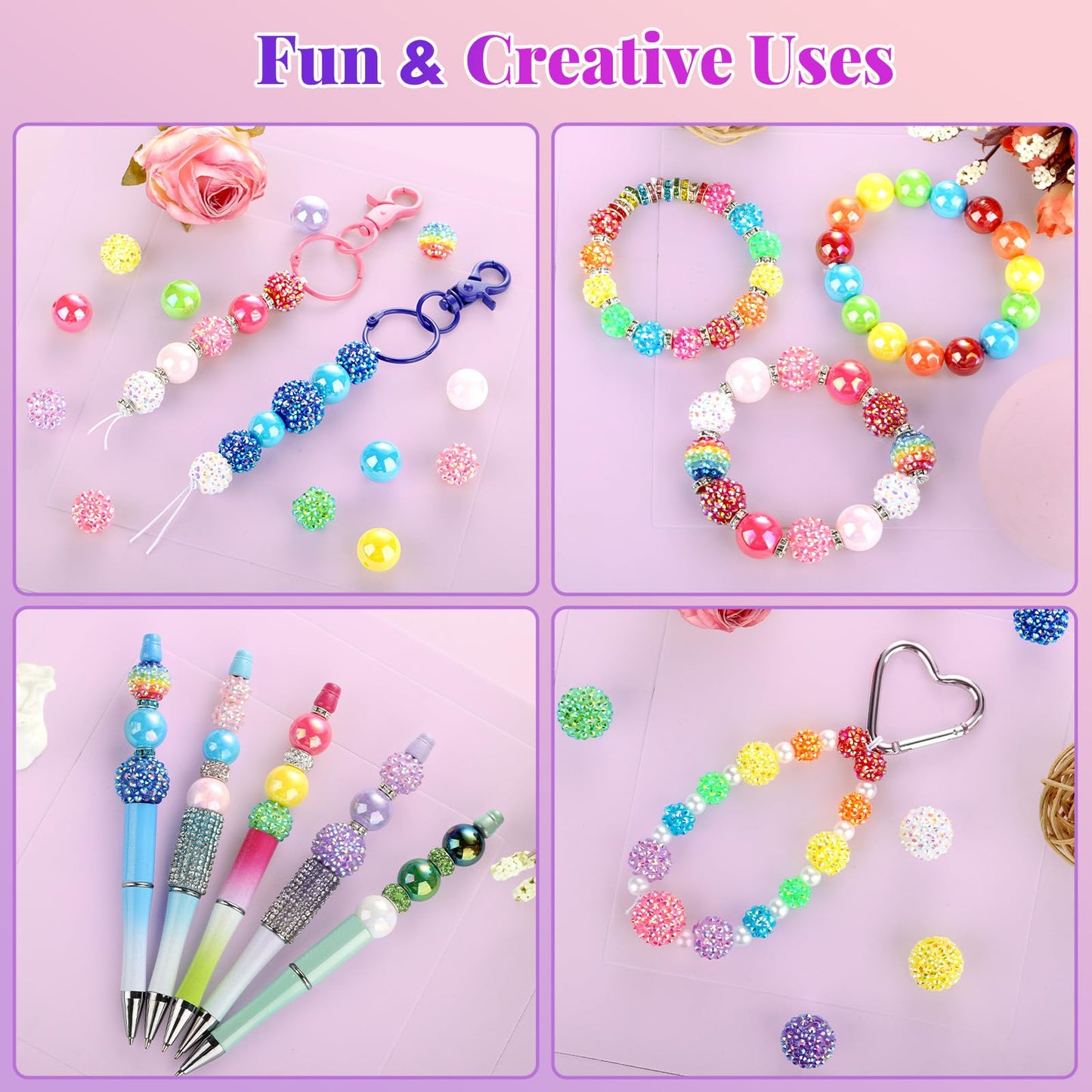 Funtopia Beads for Pens Keychains, 200pcs Bubblegum Focal Beads for Beadable Pens, 12mm 16mm 20mm Rainbow Acrylic Chunky Beads with Rhinestone Rondelle Spacer Bead for DIY Craft Making Supplies