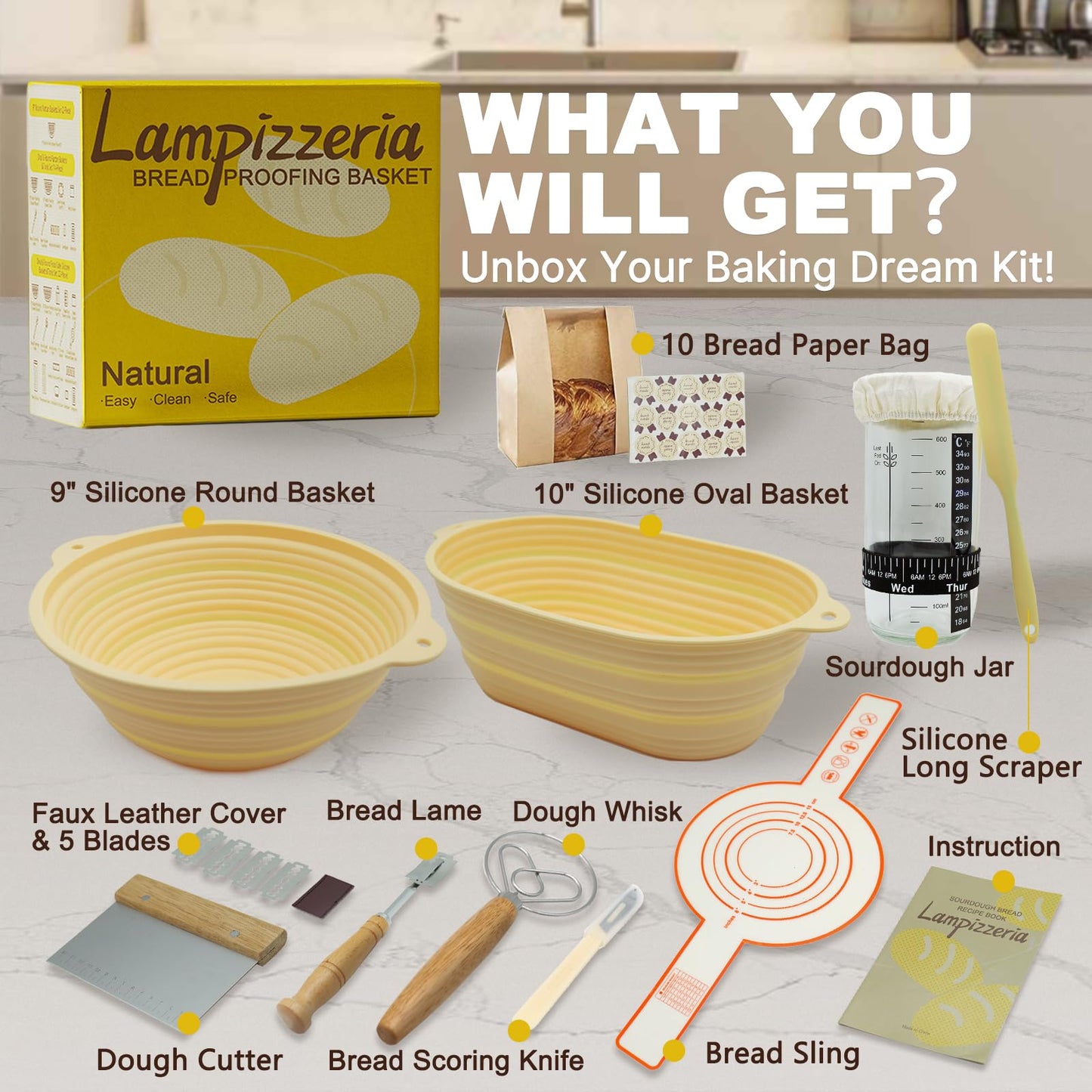 LAMPIZZERIA Silicone Proofing Basket Set Round & Oval - D'ita Collapsible Bread Banneton with Tools (Non-Stick, Easy Clean) Complete Baking Gift Kit Bread Proofing for Home Bakers