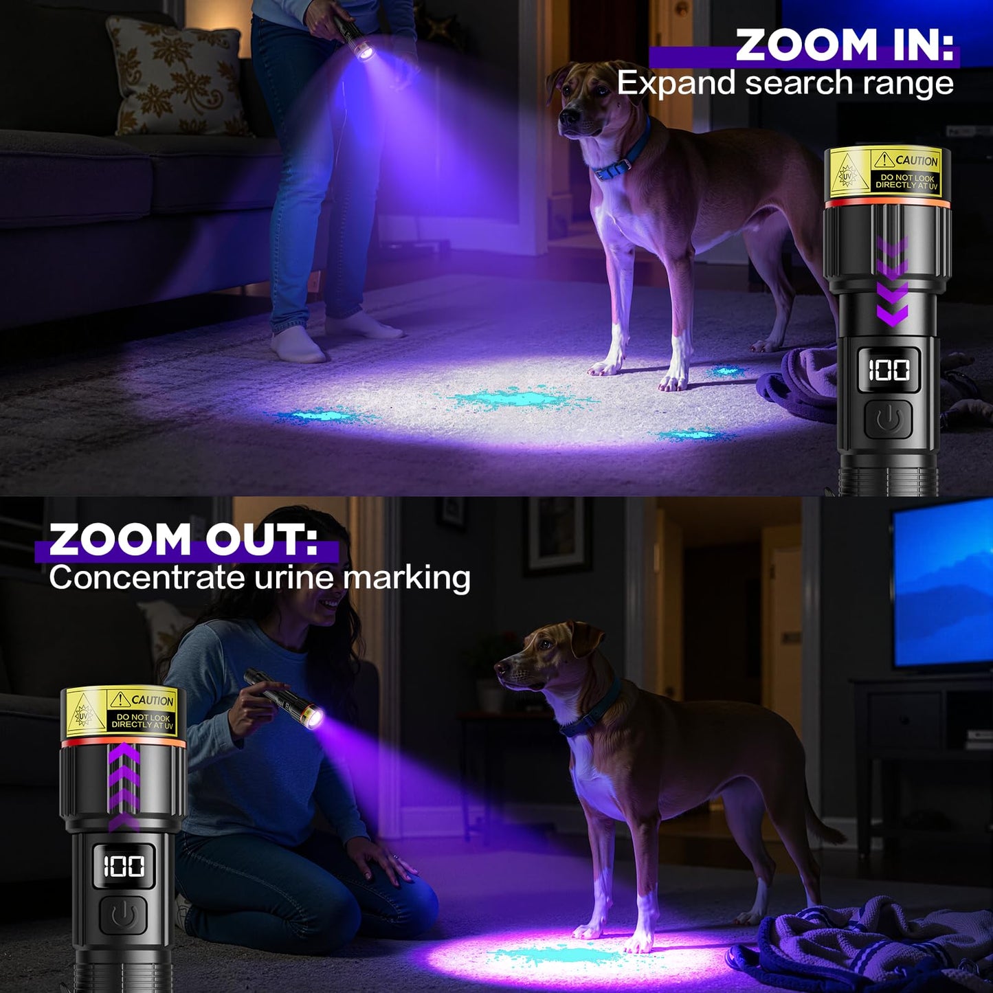 WdtPro UV Flashlight 395nm Super Bright, Rechargeable Black Light with LCD Display, IP65 Zoomable UV Light with Clip, Powerful Portable Blacklight for Pet Urine Stains, Scorpions, Resin Curing