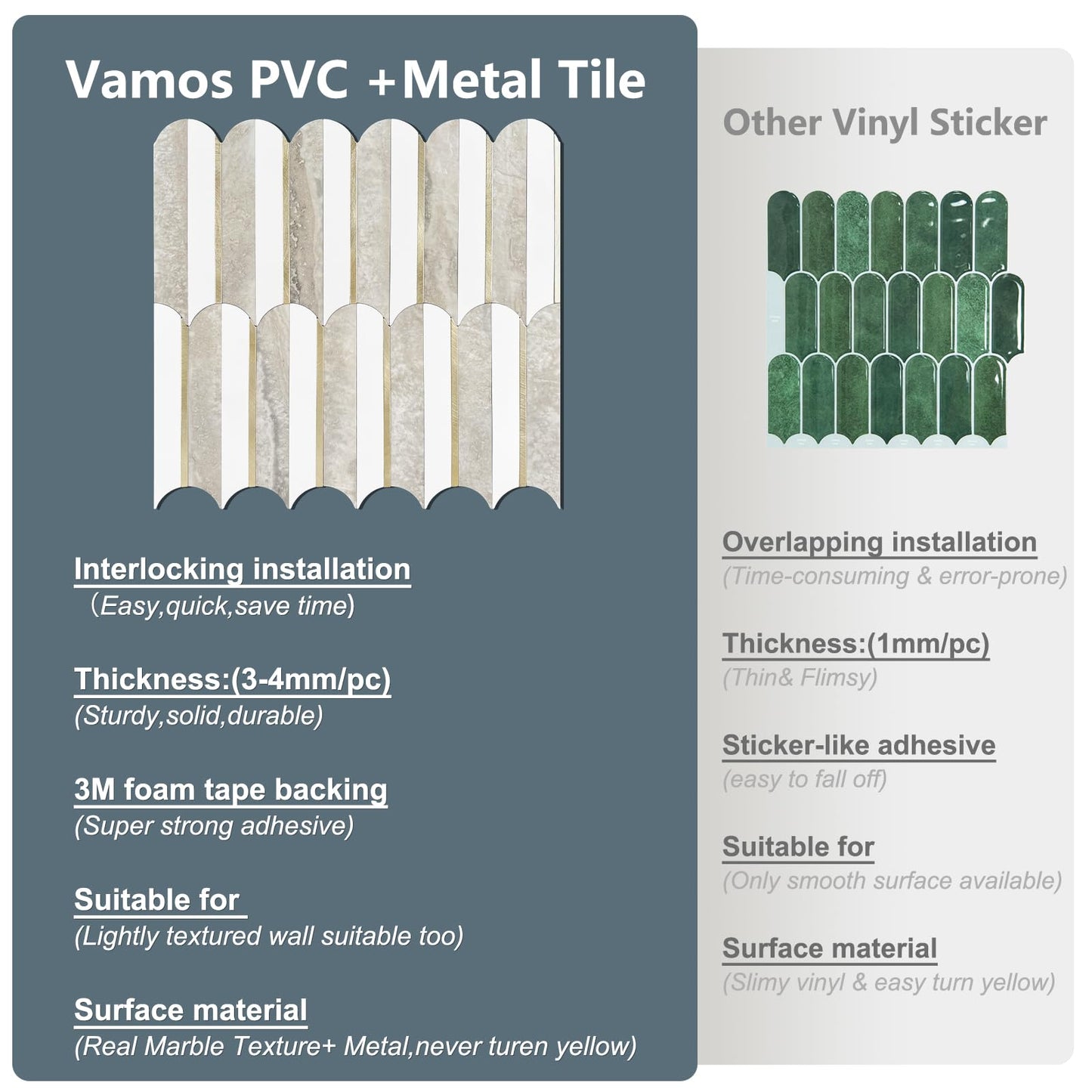 Vamos Peel and Stick Backsplash Seamless Tile for Kitchen and Bathroom,White and Beige Slate PVC Mixed Light Gold Self Adhesive Fish Scale Metal Mosaic Tiles (10 Sheets)