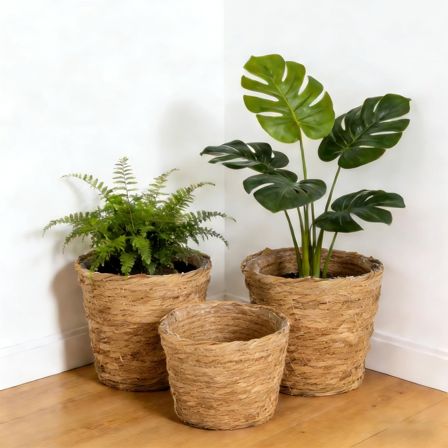 6 Pcs Plant Baskets Indoor with Plastic Liners, Wicker Hand Woven Plant Baskets, Flower Pots Storage Containers in 3 Sizes, Decorative Planters for Home, Balcony, Office