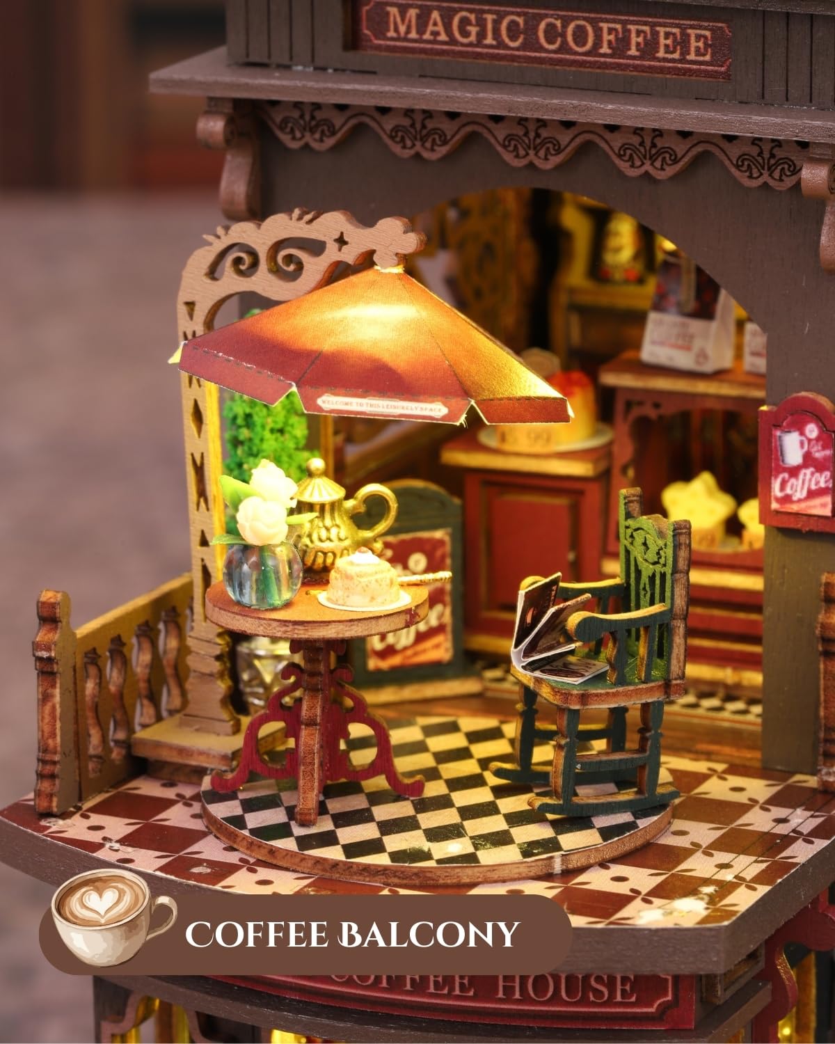 Merrifete Letter Coffee DIY Miniature House Kit with LED Light - Assembled Dollhouse Kit for Shelf Decor - Wood 3D Puzzles Tiny House Book Nook - Creative Gift for Adults at Birthday Christmas