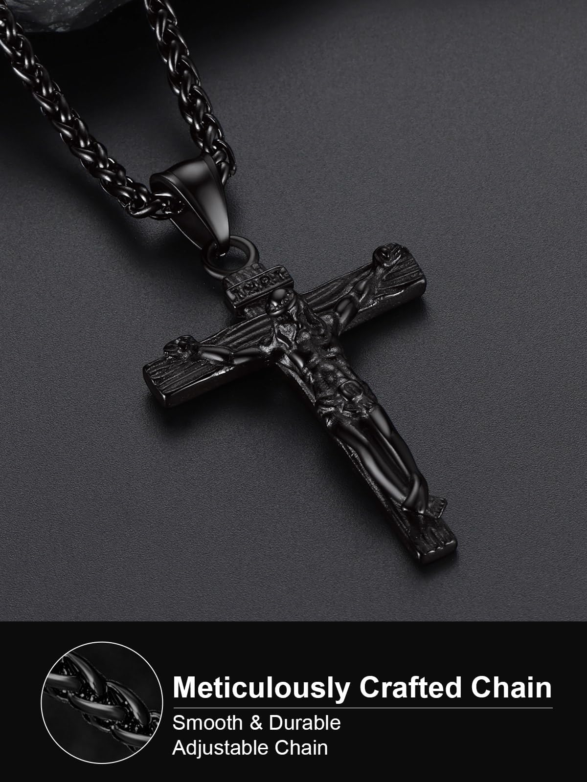 U7 Crucifix Cross Necklace Stainless Steel Crucifix Necklace Black Cross Pendant for Men with Rope Chain 22"(Black)