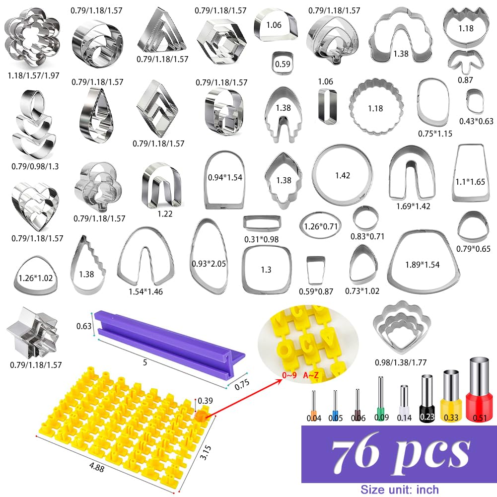 PTFJZ Polymer Clay Cutters for Earring Making 76pcs Clay Tools Set 67 Shapes Stainless Steel Clay Cutters with 8 Circle Shape Cutters 1 Letter Stamp
