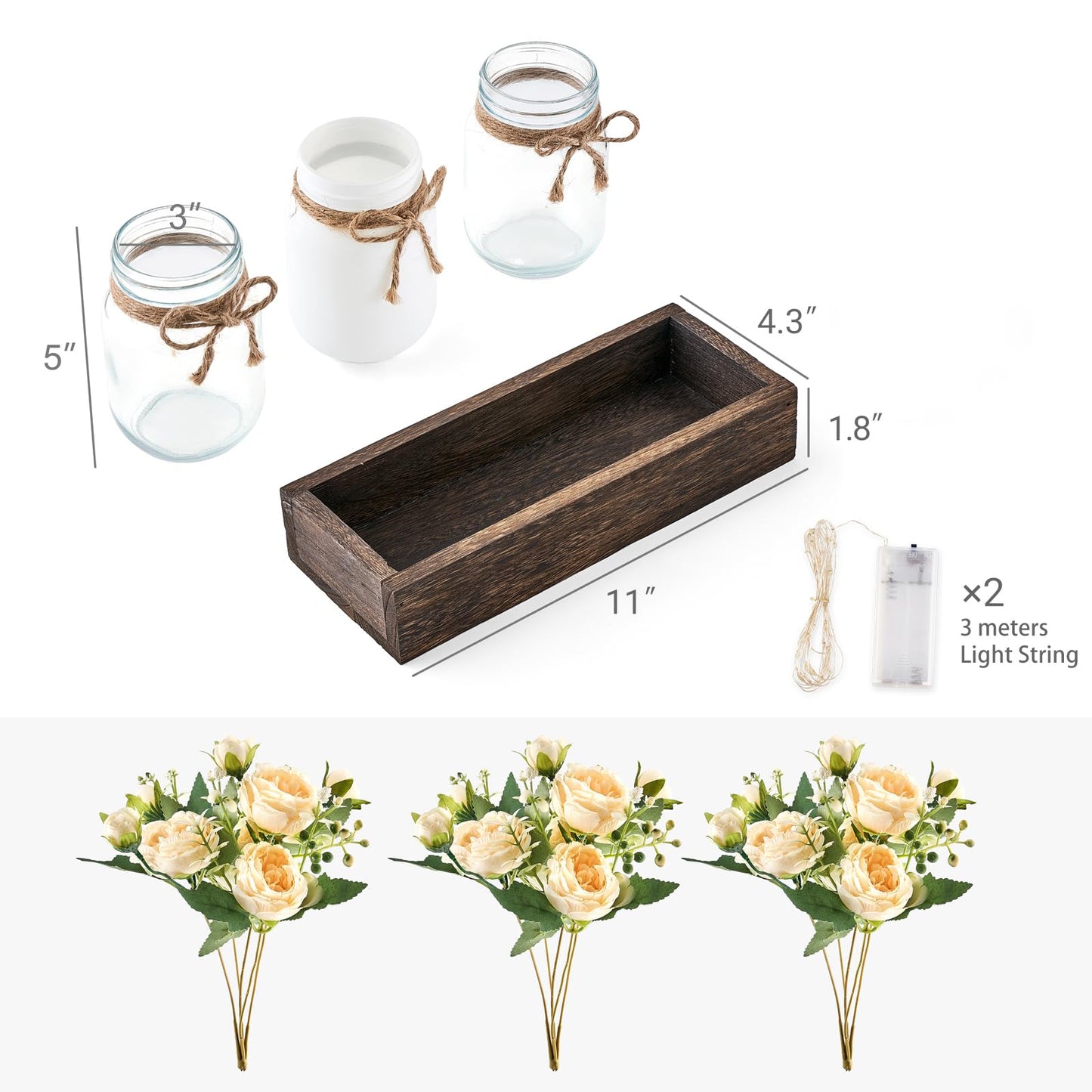 Mkono Mason Jar Lights Centerpiece Table Decor for Dining Room Farmhouse Wood Tray with 3 Jars Flowers Valentines Day Decoration for Coffee Table Kitchen Living Room Wedding