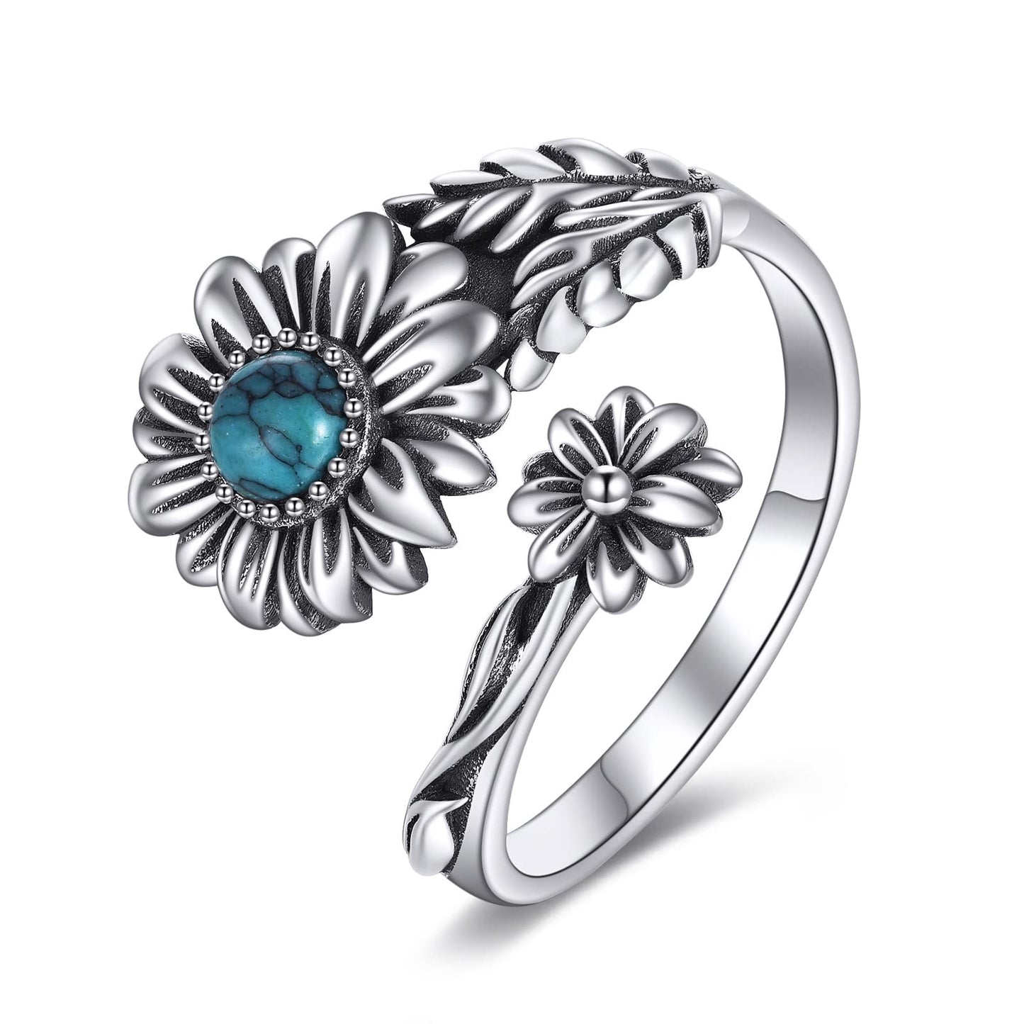 POPLYKE Sterling Silver Turquoise Daisy Spoon Ring Vintage Thumb Rings Boho Adjustable Open Ring Flower Jewelry Gifts for Women