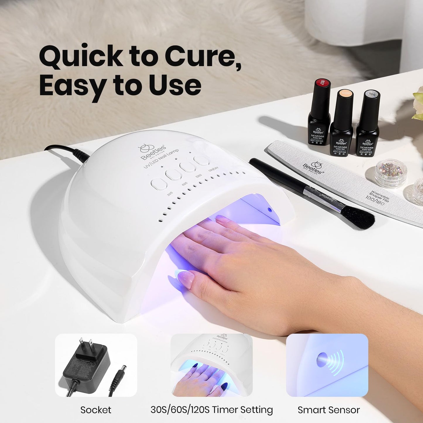 Beetles UV Nail Lamp - LED Nail Lamp with 3 Timer 30/60/120s UV Light for Gel Nails Smart Sensor Nails Dryer for Fast Curing Gel Polish Top Coat and Base Coat, DIY Salon Manicure Art Tools, White