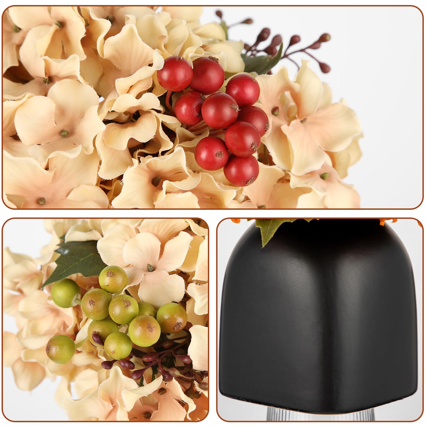 Briful Hydrangea Artificial Flowers in Ceramic Black Vase, Beige Silk Hydrangea Centerpieces for Tables, Realistic Dining Table Vase with Flowers for Farmhouse Home Decor Indoor