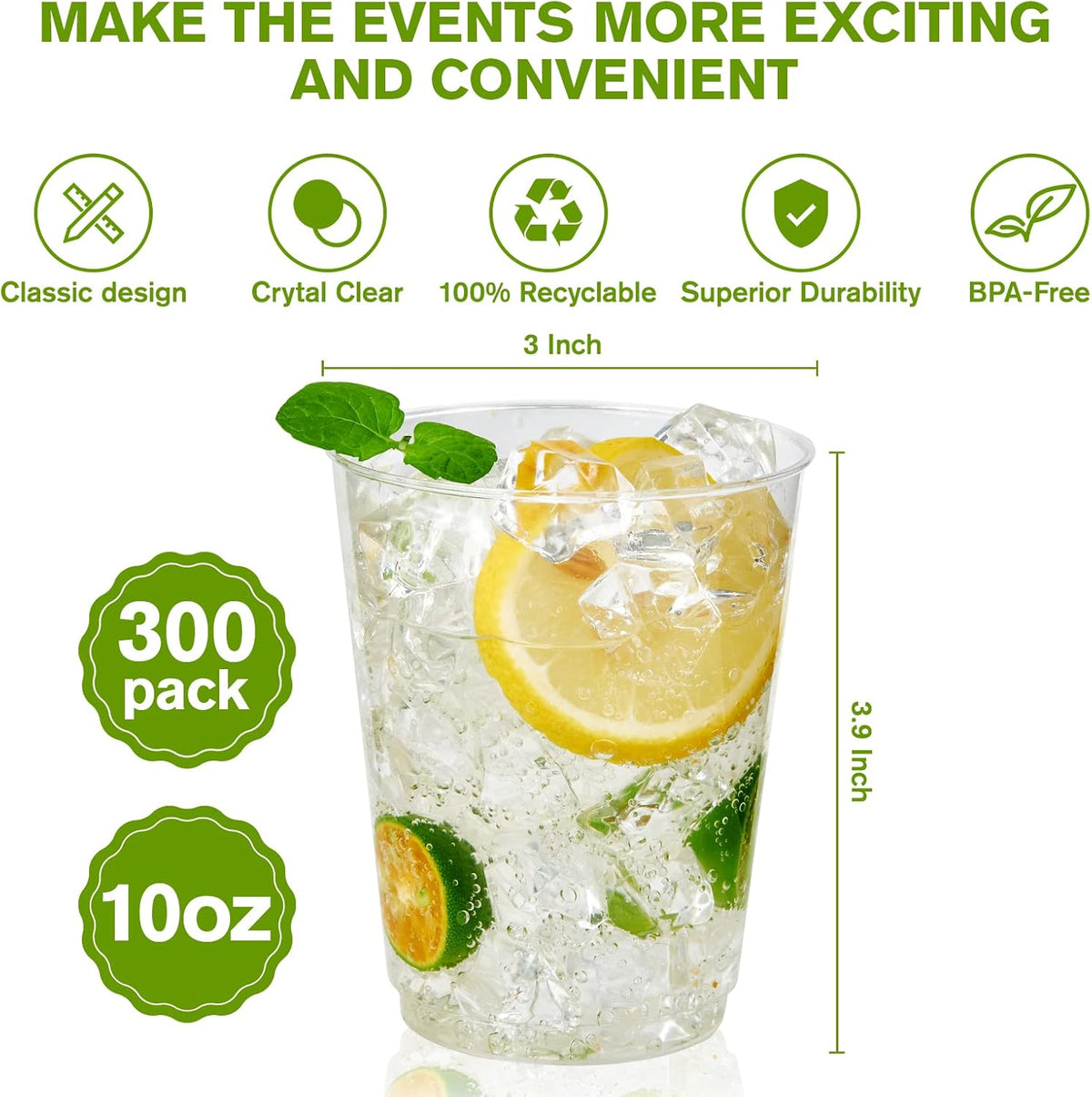 JollyPack 300 Pack Clear Plastic Cups 10 OZ Disposable Heavy-duty Hard Drinking Cups for Christmas, Wedding, Home, Dinner and other Events