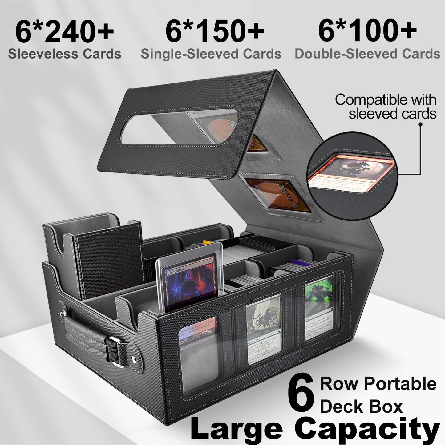 RyshePro 7-in-1 Trading Card Storage Box with Handle, MTG TCG Deck Box with Commander Display Fits 1300+ Sleeved Cards - Includes 6 Toploaders, 3 Stoppers, 16 Colorful Dividers & Dice Box (Black Grey)