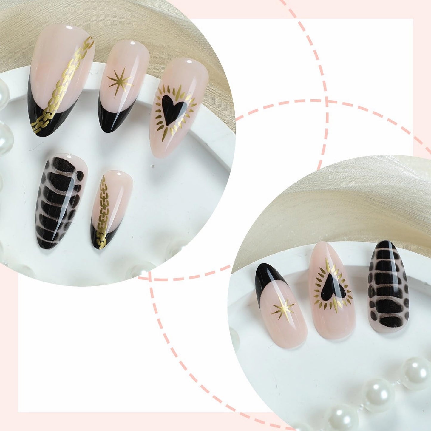MISUD Press on Nails - Medium Almond Fake Nails with Black French Tip, Acrylic Flower Design 24 pcs