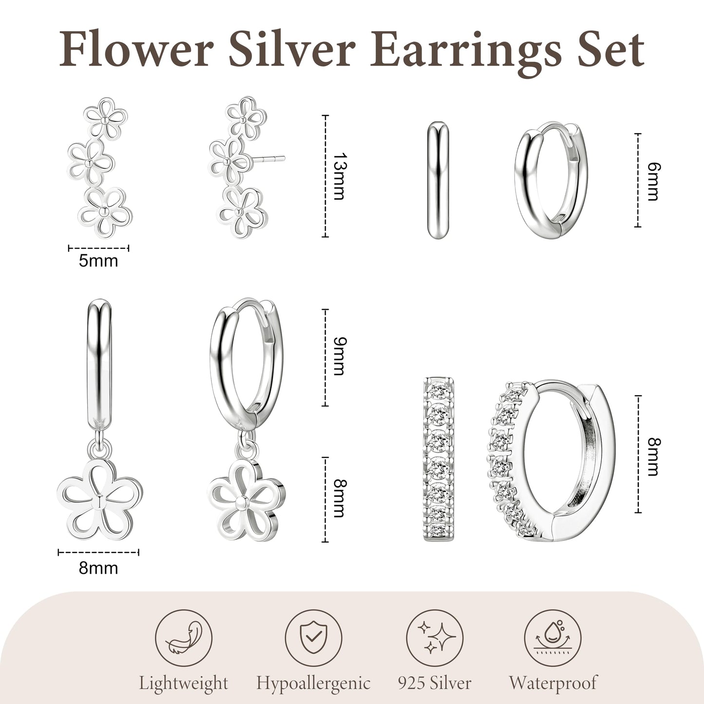 Flower Earrings for Women,Huggie Small Stack Cartilage Stud Hoop Silver Earring Sets for Multiple Double Piercing, Conch Helix Rook Tragus Daith Piercing Silver Clip On Jewelry Set Gifts