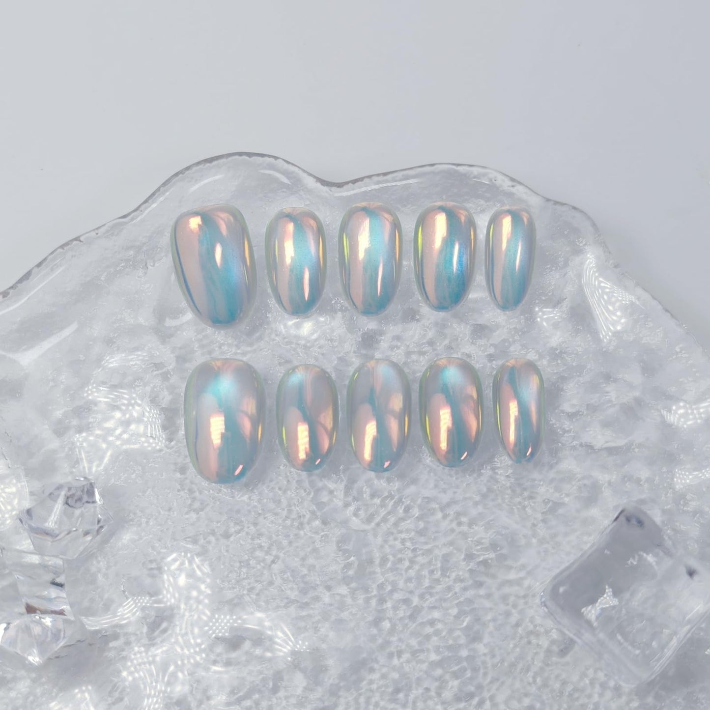 Cat Eye Press on Nails Handmade Short Oval/Square/Round False Nails with French Tip/Aurora/Magnetic Shimmer Designs (Aurora#Bubbles M)