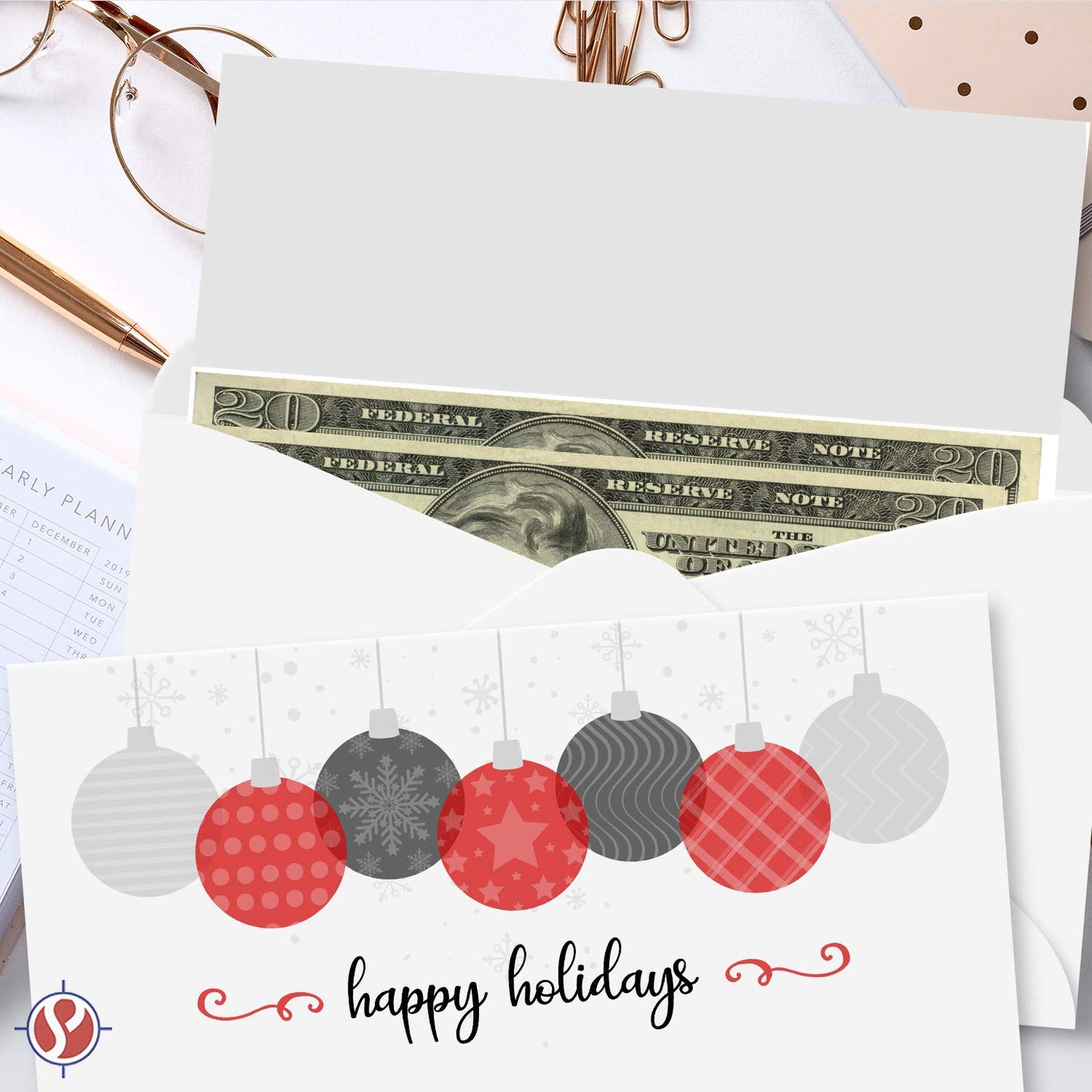 Happy Holidays Envelopes with Blank Cards for Notes – Cash Money, Check and Currency Holder, Nice Winter Christmas New Year Greeting, Coins, Presents & Gift Cards | 3-5/8" x 6-1/2" | 25 per Pack