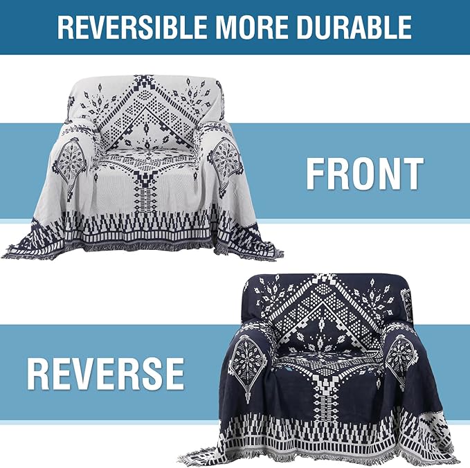 H.VERSAILTEX Reversible Sofa Cover Couch Cover for Dog Sofa Slipcover for Most Shape Sofa Furniture Protector with Tassels Sectional Couch Cover (Medium: 71" x 91", Navy/White)