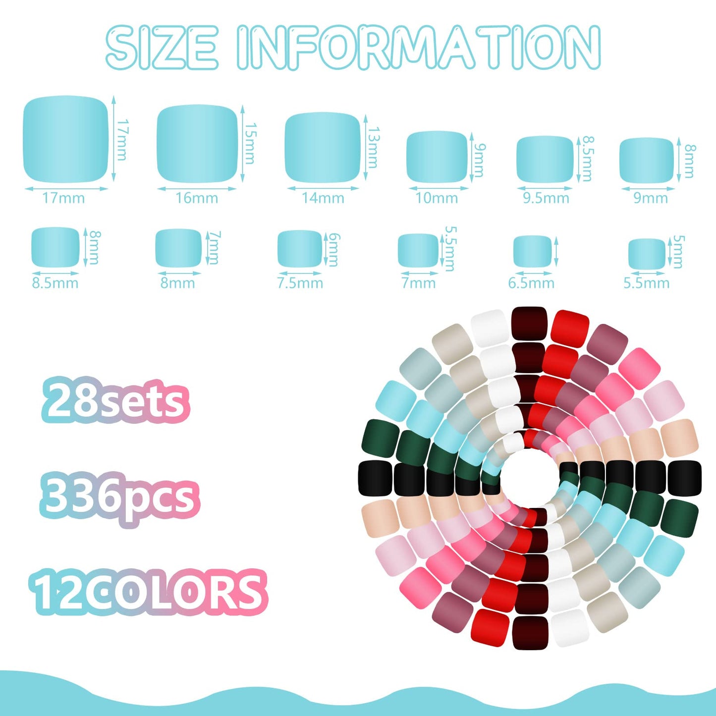 Maitys 336 Pieces 12 Sets Toenail Press on Fake Toe Nails Short Square False Glue on Solid Color Full Cover Press Nails Matte Fake Toenails for Women(Chic Colors)