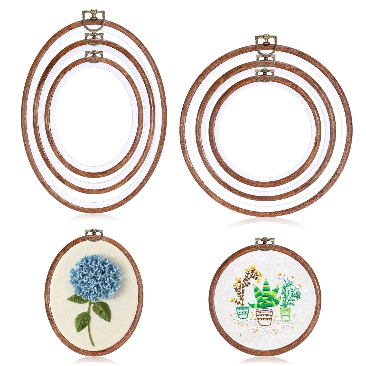 OwnMy 6PCS Embroidery Hoops with Hanging Rings - Decorative Imitated Wood Embroidery Hoop Frames for Display, 3 Oval and 3 Circle Cross Stitch Hoops for DIY Sewing Crafts